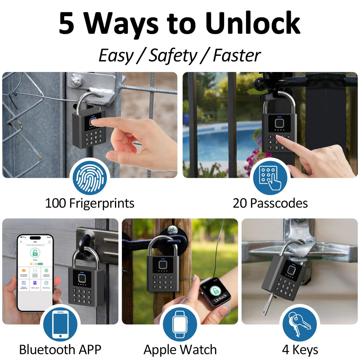 Foxlock Heavy Duty Smart Padlock with Key, Fingerprint Biometric Combo Lock with Bluetooth APP, Waterproof Electronic Digital Lock for Gate Outdoor Fence Storage Unit Outdoor Fence Shed Gym