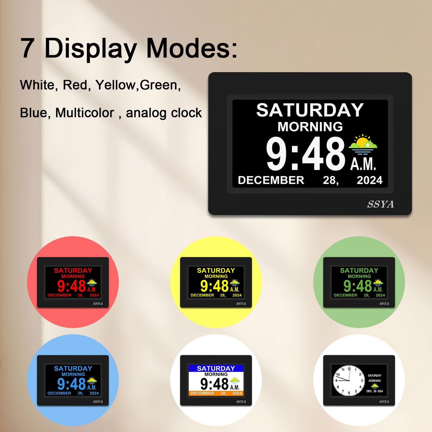 SSYA 7 Inch Calendar Clock - 12 Alarm Options, Level 5 Auto Dimmable Display,Extra Large Impaired Vision Digital Clock with Non-Abbreviated Day & Month (Black)