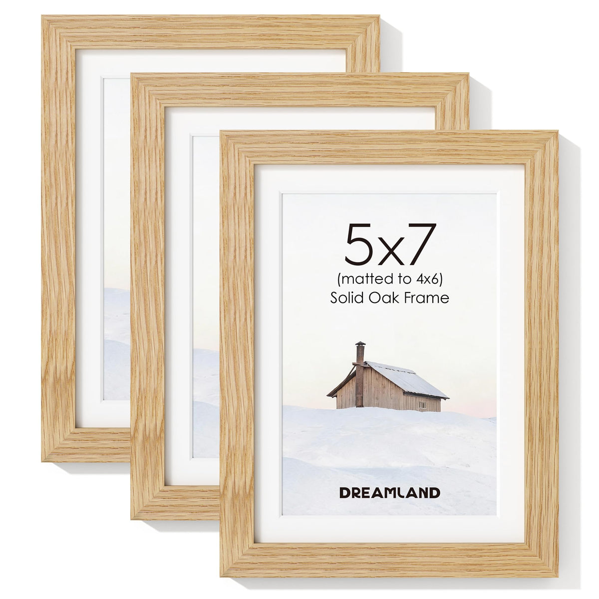 Dreamland 5x7 Picture Frame with Mat for 4x6, USA-Sourced Natural Oak Wood Photo Frames with Resistant Plexiglass, 5 x 7 Wooden Gallery Wall Frames for Art, Wall or Tabletop Display (3Pack)