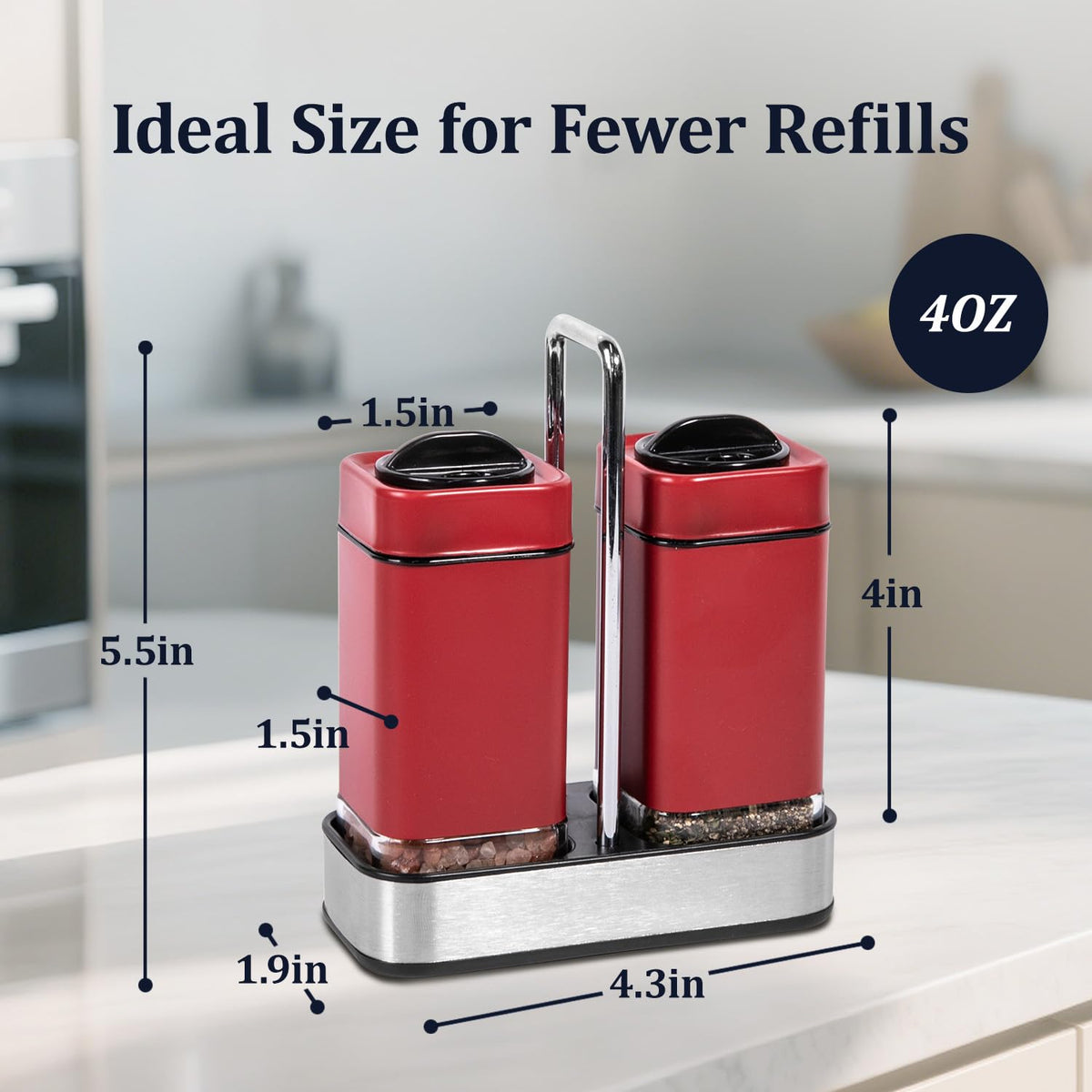 Red Salt and Pepper Shakers Set with Holder, Salt Shaker with Adjustable Pour Holes, Stainless Steel Refillable Spice Dispenser by Aelga