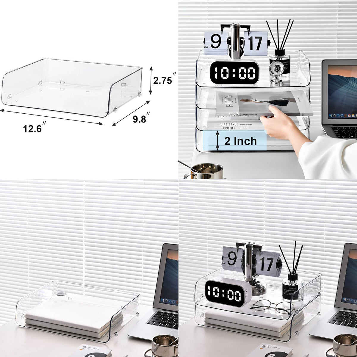 Gagee 4 Pack Paper Organizer for Desk,Stackable Paper Tray Book Holder for Classroom,Office and More,Letter Tray Desk Organizer,Clear