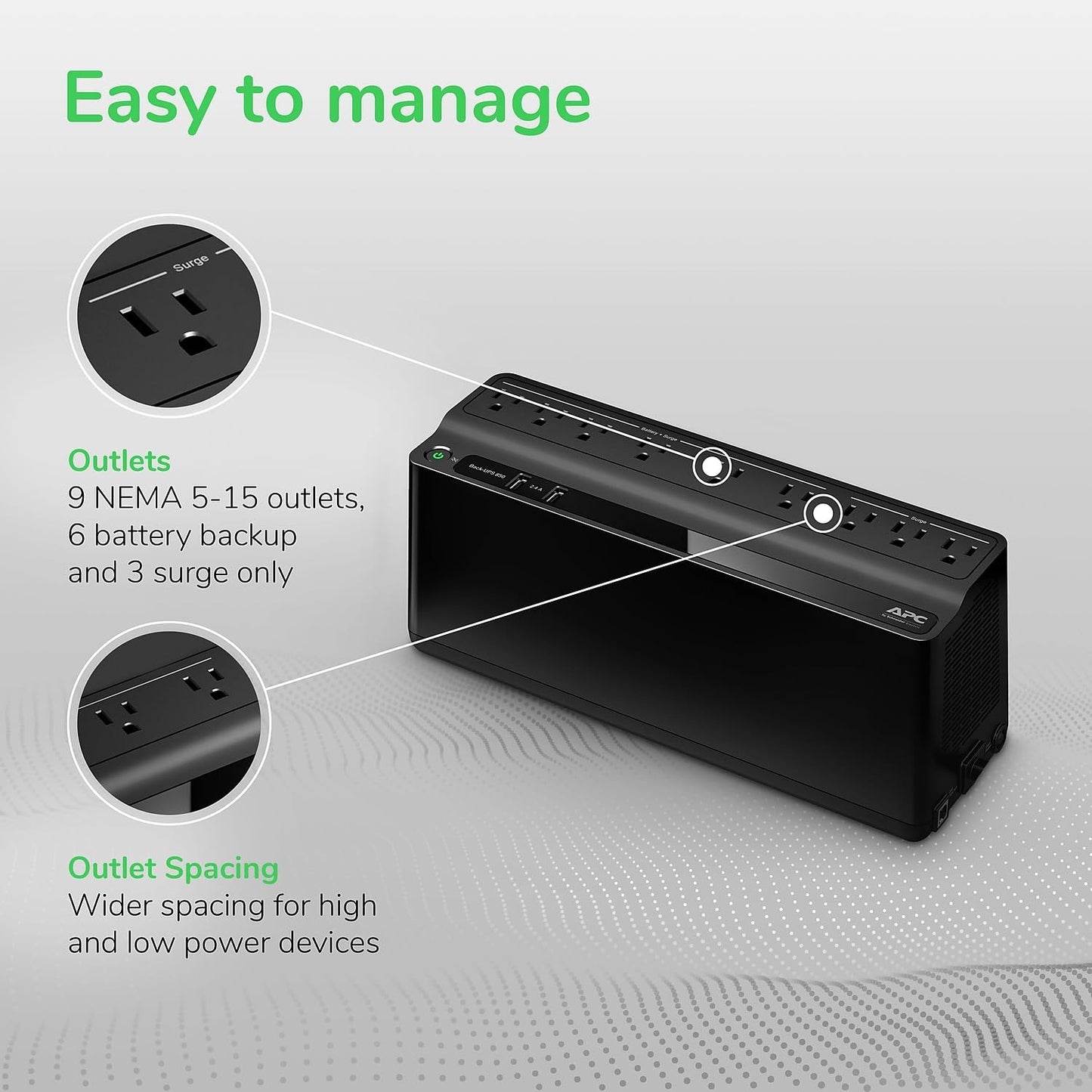 APC Back-UPS 850VA / 450W UPS Battery Backup & Surge Protector, 9 Outlets, Type A Charger, BE850G2 Uninterruptible Power Supply for Home Office & Computer