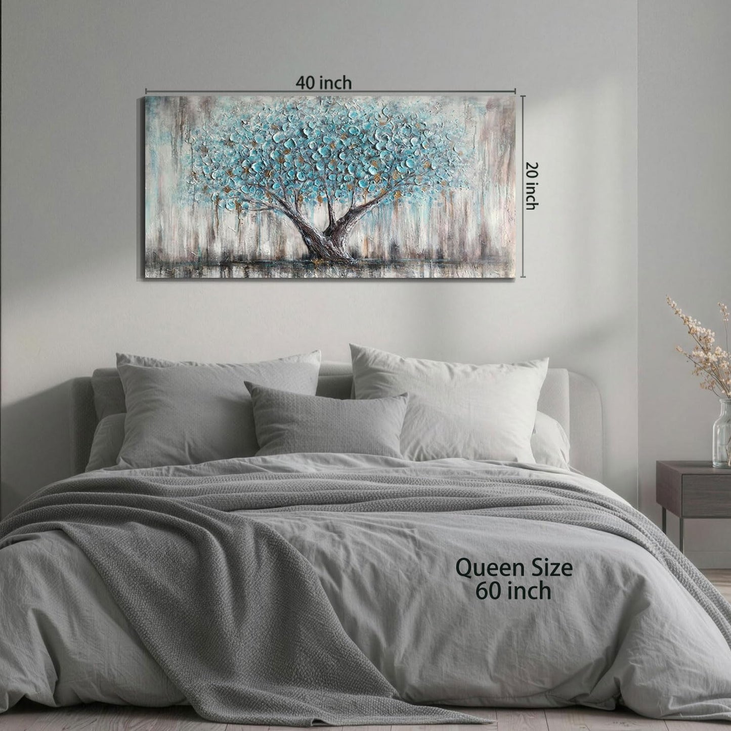 Arjun Tree of Life Wall Art Canvas for Living Room Blue Tree Nature Teal Painting, 50% Hand Painted Textured Picture Bedroom Panoramic Landscape Artwork Framed Home Office Decor 40"x20"
