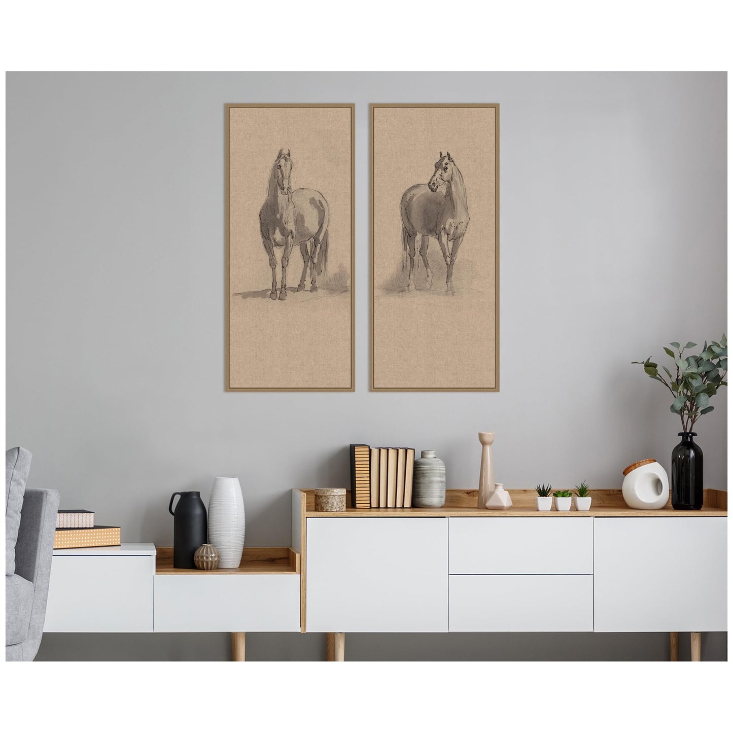 Kate and Laurel Forty Three Studies of Horses and Riders 2 Piece Framed Canvas Wall Art Set by Nostalgia Prints, Sylvie Dark Gold Rustic Farmhouse, Animal Art for Wall Decor