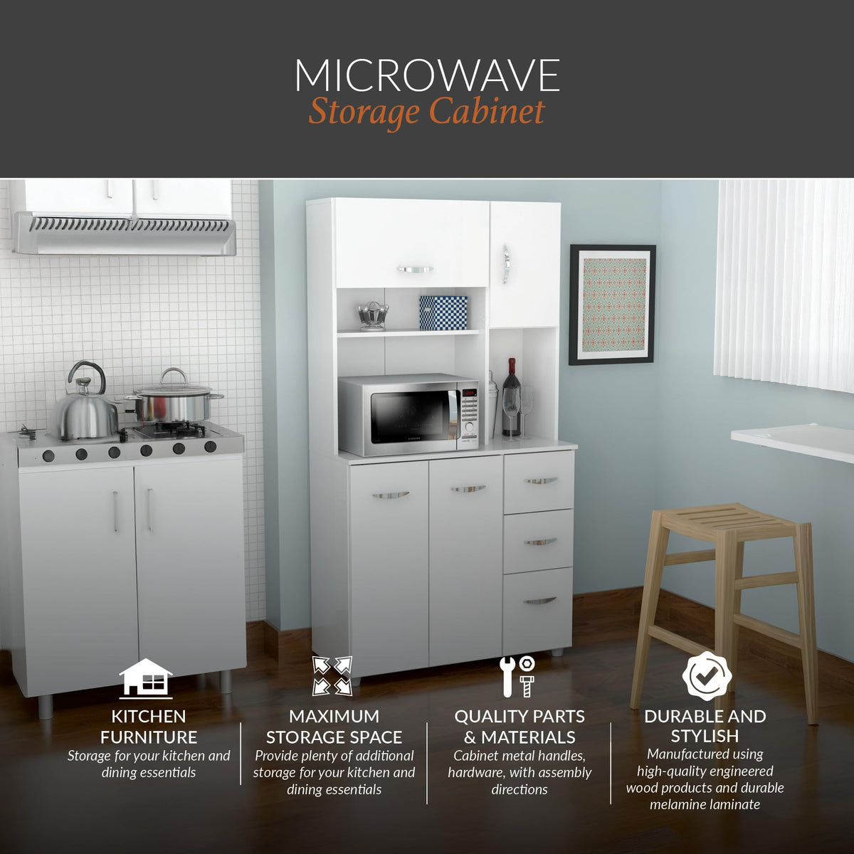 Inval America 4-Door Kitchen Microwave Storage Cabinet with 3 Drawers, Kitchenette Standing Pantry, 71"H x 23.6"W x 17.1"D, White