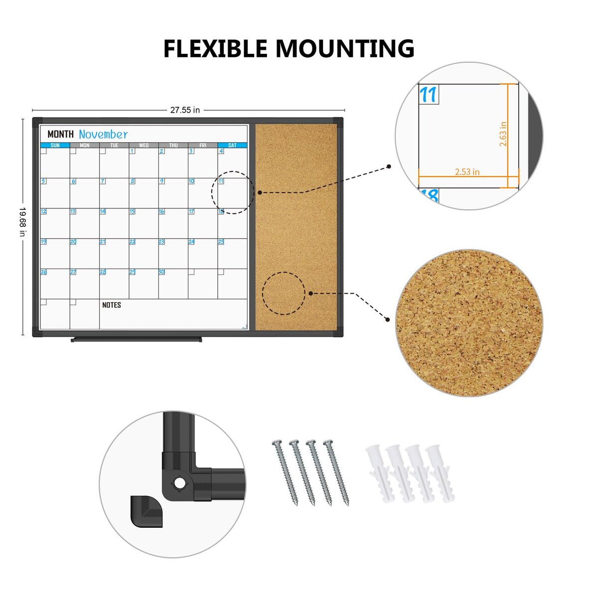 XBoard Dry Erase Calendar Whiteboard 28 X 20 - Combo White Board Calendar Monthly, Magnetic White Board + Corkboard with Black Aluminum Frame