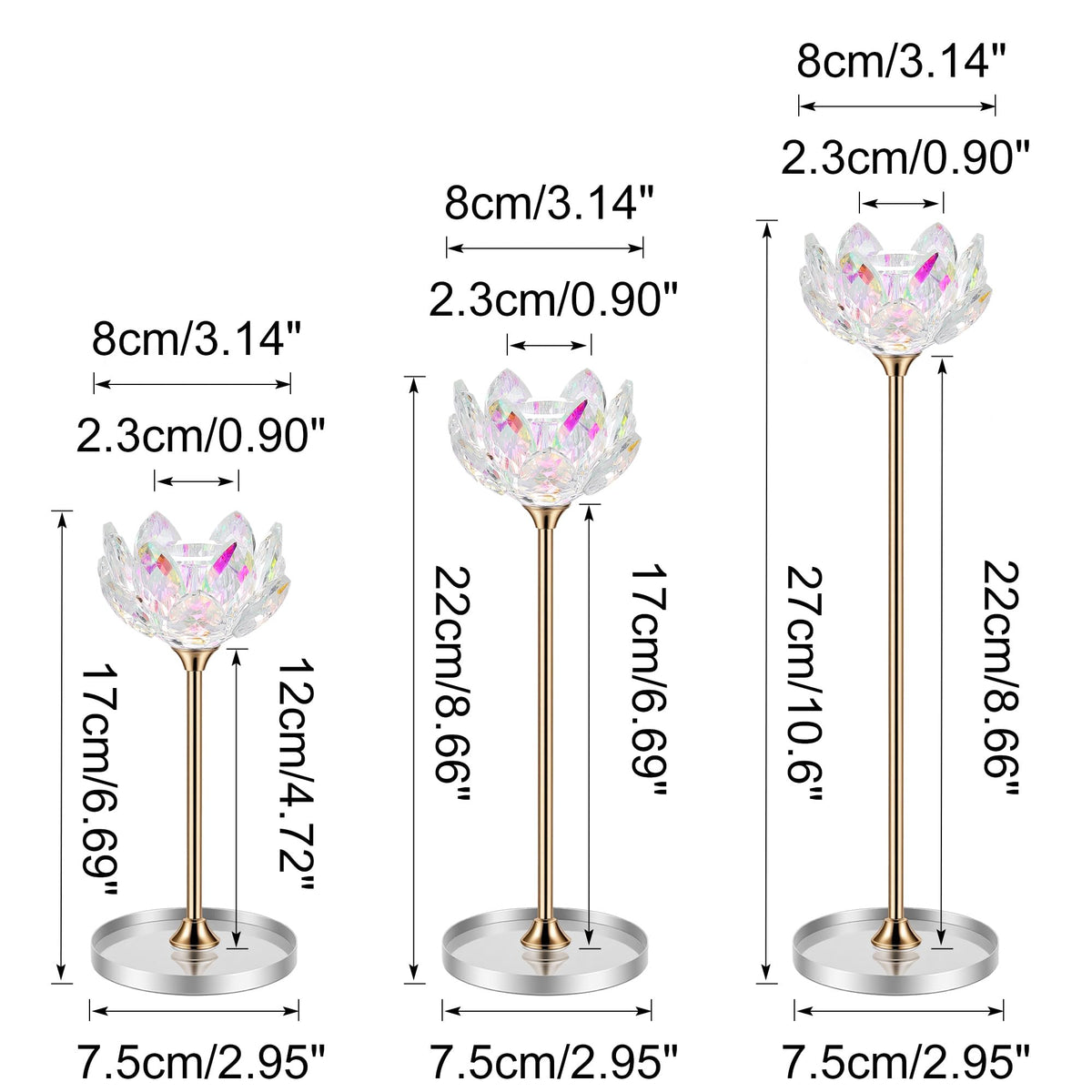 3pcs Crystal Candle Holders, Lotus Flower Candlestick Holders with Mirror Base, Metal Stand, Elegant Table Centerpieces for Home Decor, Wedding, Party (Taper Candle)