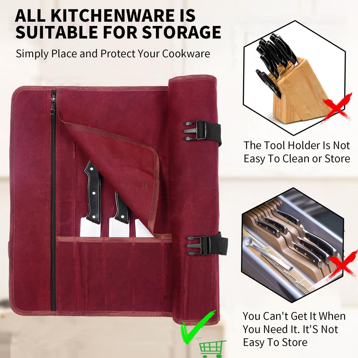 Chef Knife Roll Bag,Waxed Canvas Knife roll bag,Portable 10 Slots Chef Knife case with 1 Zipper Pockets,Heavy Duty Knives Roll Bags for Chef Case for Camping and Hold Home Kitchen Knife Tools Up (Red)
