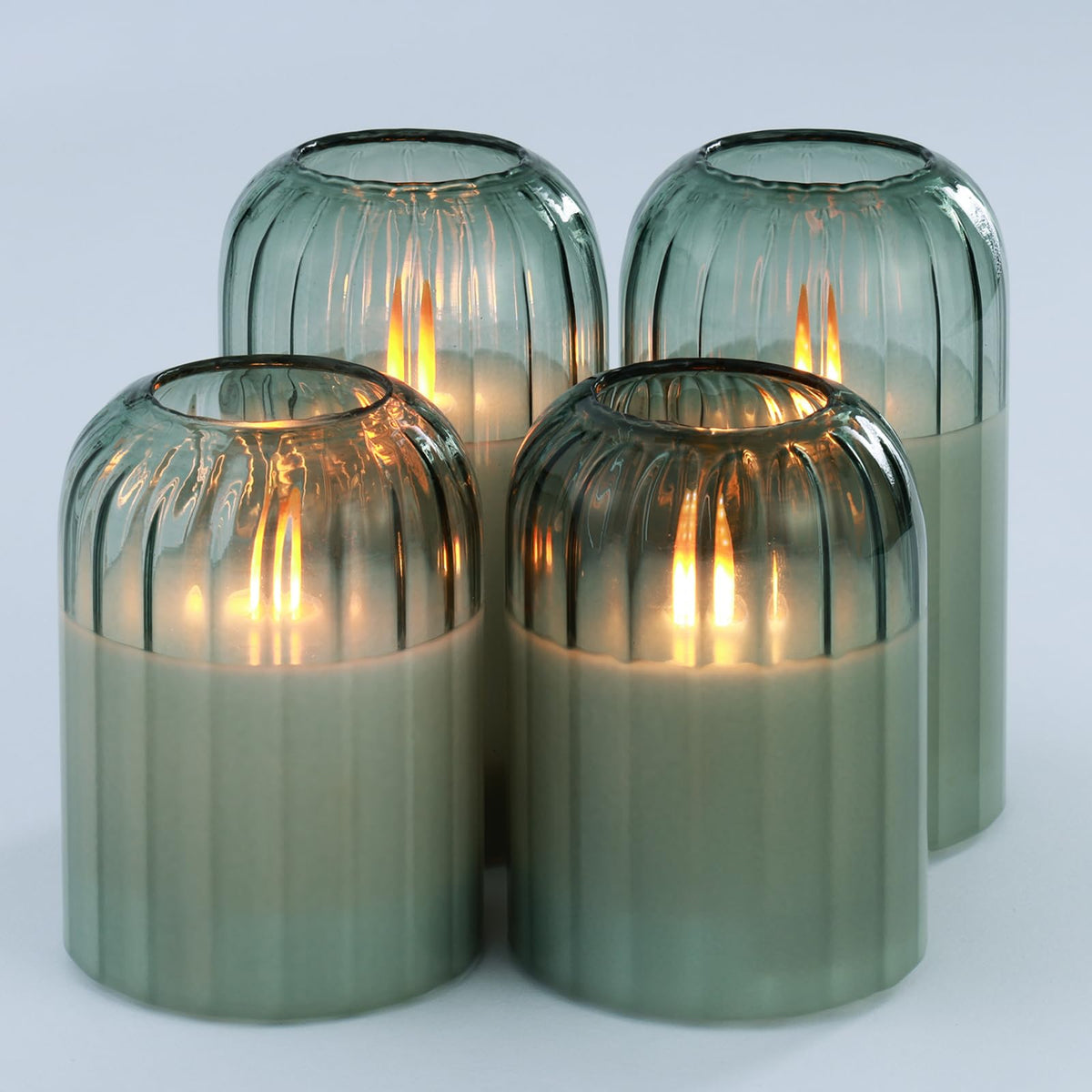Lezonic Glass Flameless Candles Battery Operated with Remote, Dancing Flame LED Flickering Pillar Candles, Set of 4 Real Wax St. Patrick's Day Gift Fall Decorations for Home Room Decor (Pumpkin Green)