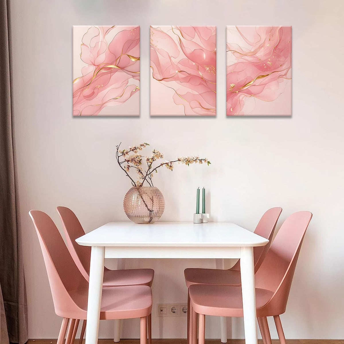 Fetyiu 3 Piece Pink Canvas Wall Art Pink And Gold Abstract Art Prints Modern Minimalist Pictures Wall Decor Marble Paintings Artwork for Living Room Bedroom Bathroom Office 12x16in Framed