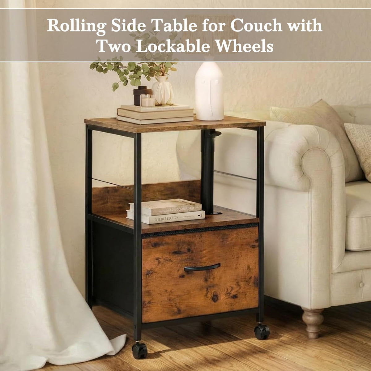 Faesun Swivel Lift Top Nightstand, Rolling Side Table for Recliner, Bedside Table with Wheels & a Fabric Drawer, for Small Spaces, for Bedroom, Living Room, Brown