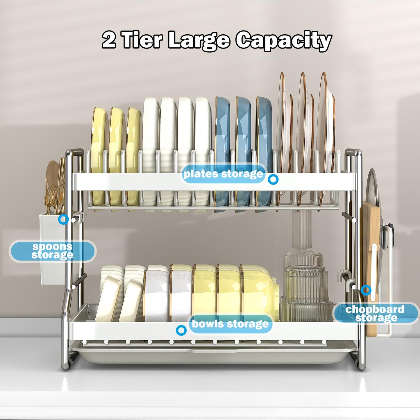 HOISIMDY 2 Tier Dish Drying Rack Dishes Organizer Rack Double Decker for Kitchen Counter