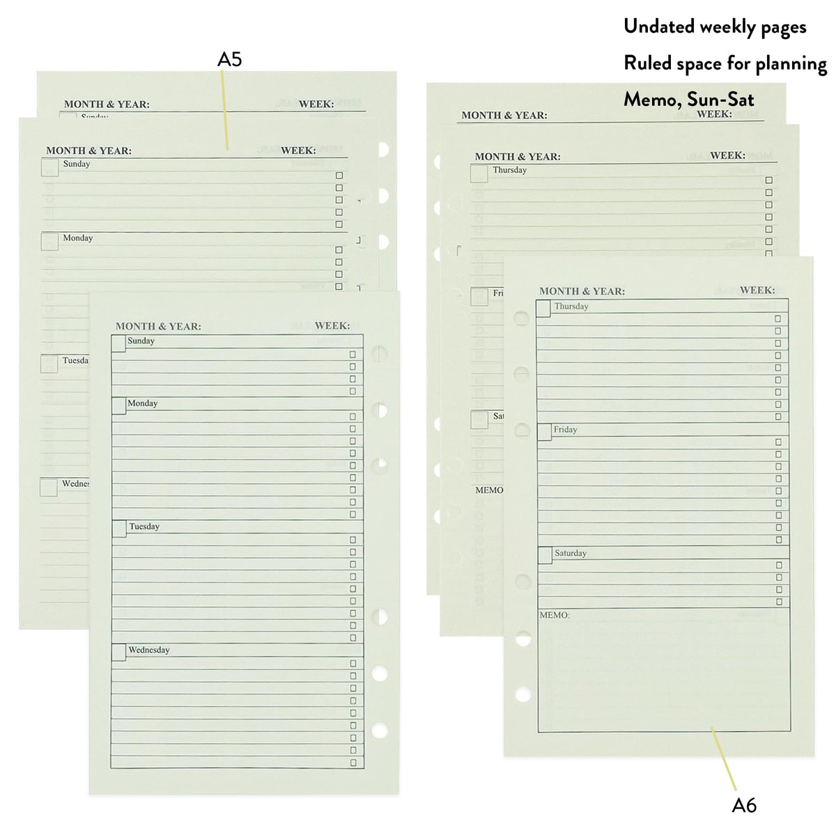 Metrubyone 90+54+14 A5 Refill Paper with Undated Monthly Weekly Calendar Planner Inserts, 6 Ring Loose Leaf Lined Filler Paper Refillable for Binder Planner Journal Agenda Notebook