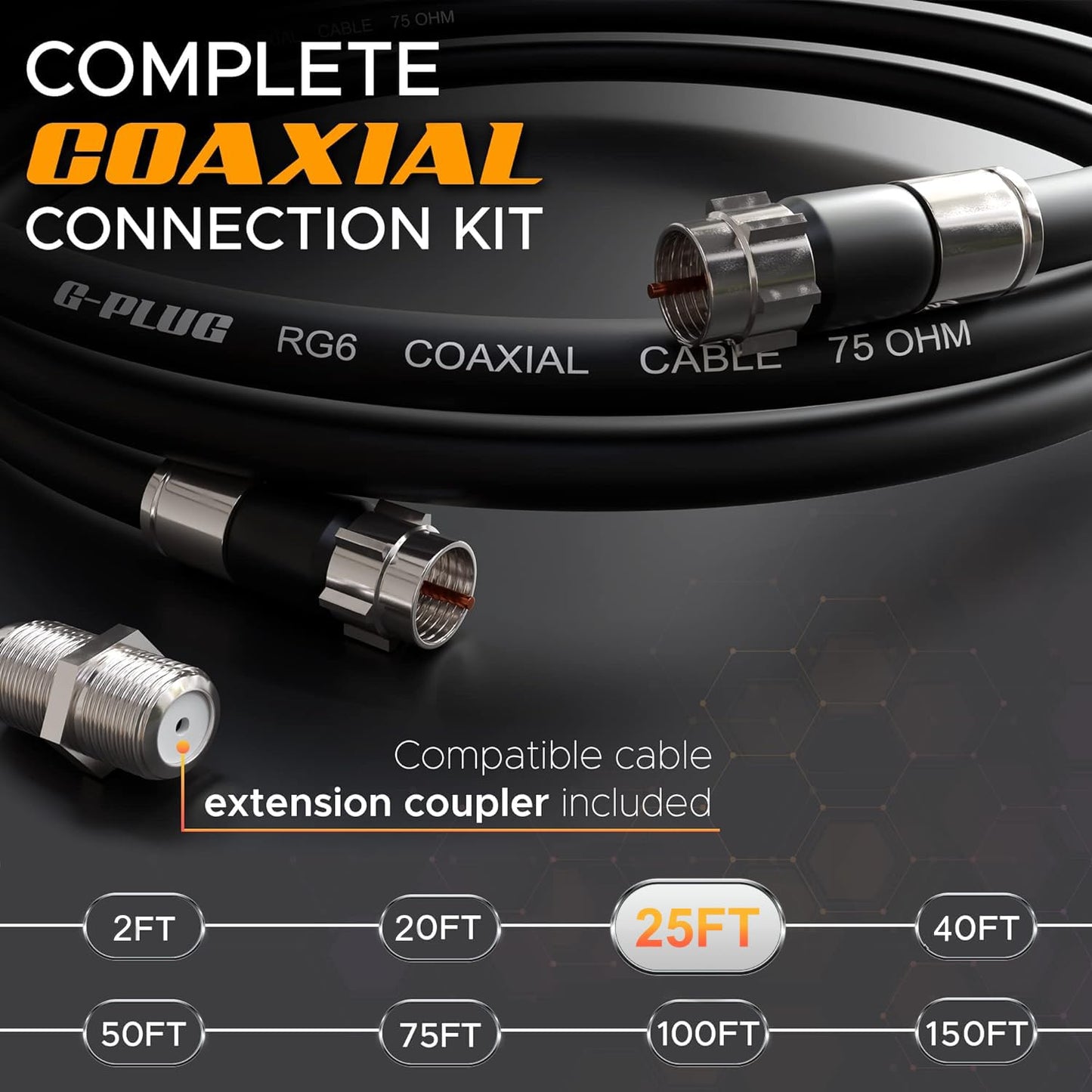 G-PLUG 25FT RG6 Coaxial Cable Connectors Set - High-Speed Internet, Broadband and Digital TV Aerial, Satellite Sky Cable Extension- Weather-Sealed Double Rubber O-Ring and Compression Connectors Black