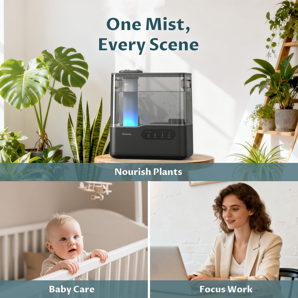 BREEZOME 5L Humidifiers for Bedroom Large Room, 36H Top Fill Cool Mist Humidifier with Essential Oil Tray, 7-Color Mood Light, Timer, Quiet Ultrasonic Humidifier for Home, Baby Nursery, Plants