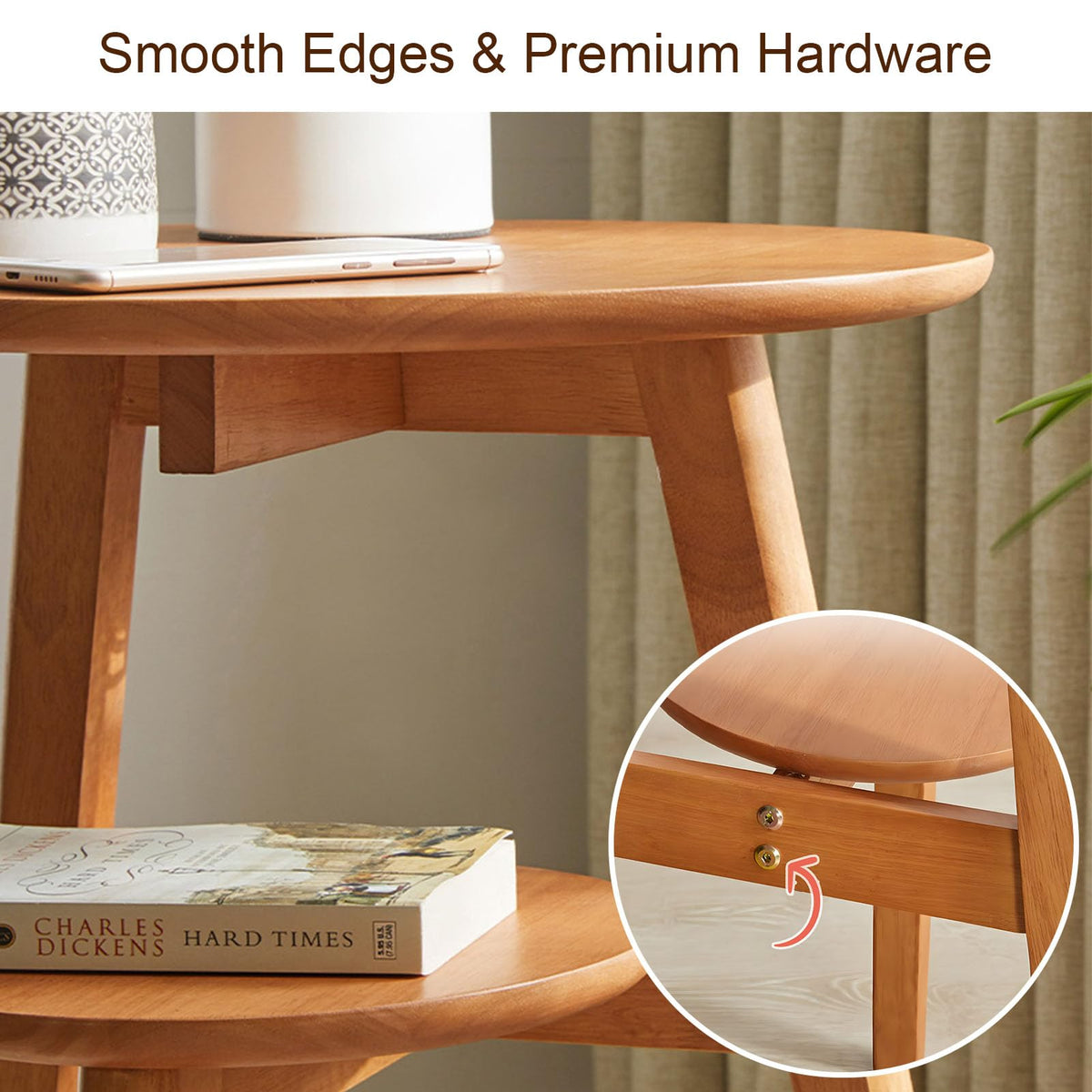 Towood Lifee Side Table, Small Round End Table with 2-Tier Shelf, Solid Wood Nightstand for Small Spaces, Mid Century Modern Accent Table for Living Room Bedroom, Natural