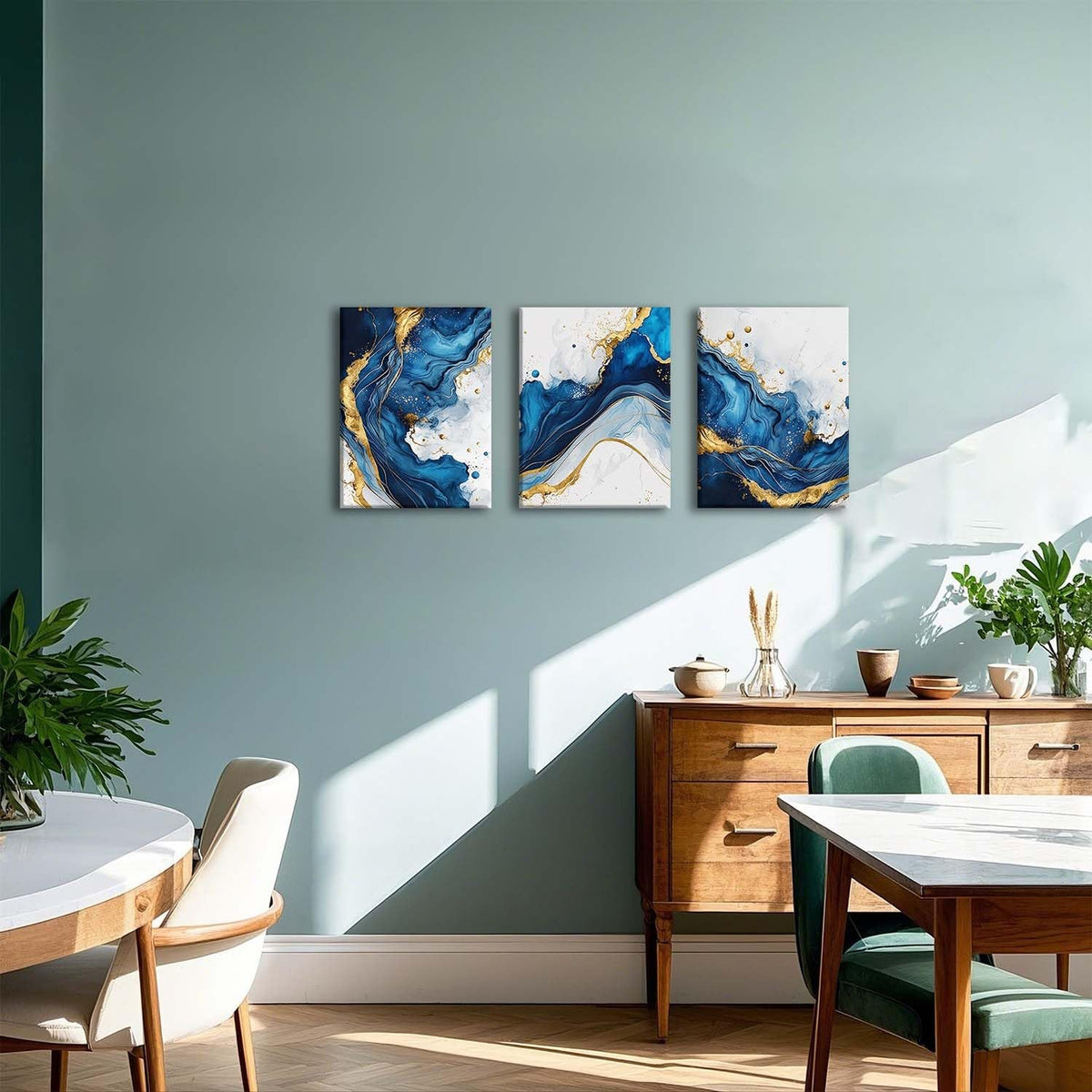 ZQARTZZQ 3 Piece Framed Wall Art Abstract Wall Decor Navy Blue and Gold Pictures Marble Foil Canvas Art Modern Minimalism Paintings Artwork For Living Room Bedroom Office 12x16in