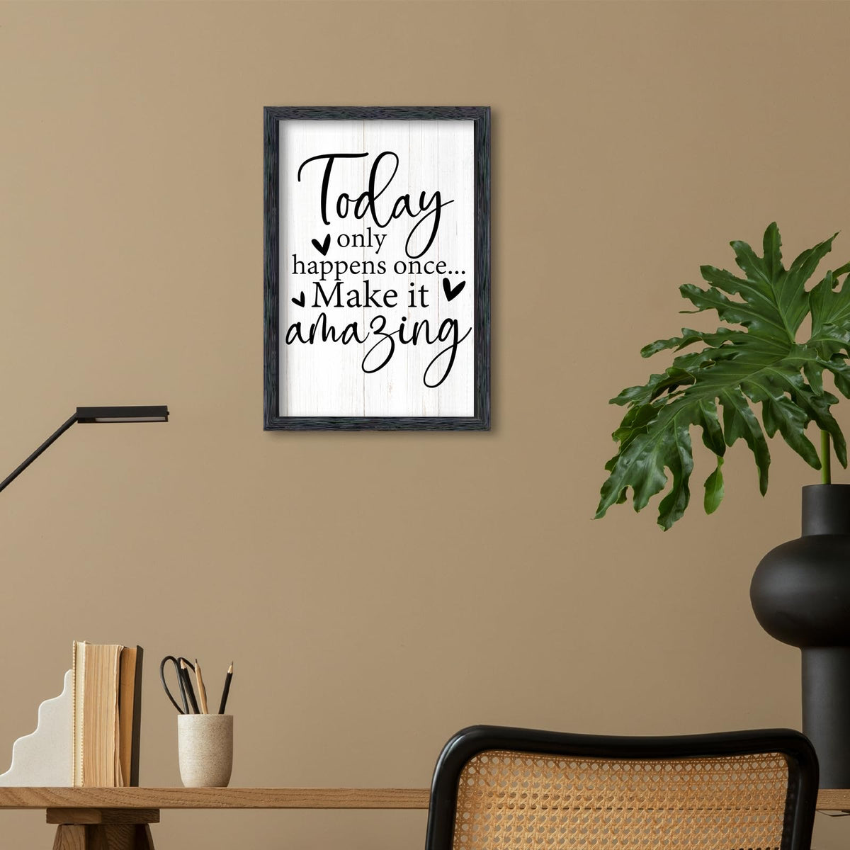 AuraPeak Today Only Happens Once Make It Amazing Inspirationa Quotes Office Wall Decor, Motivational Sayings Frame Rustic Home Living Room Laundry Room Wall Art Hanging (Black 16"×10")