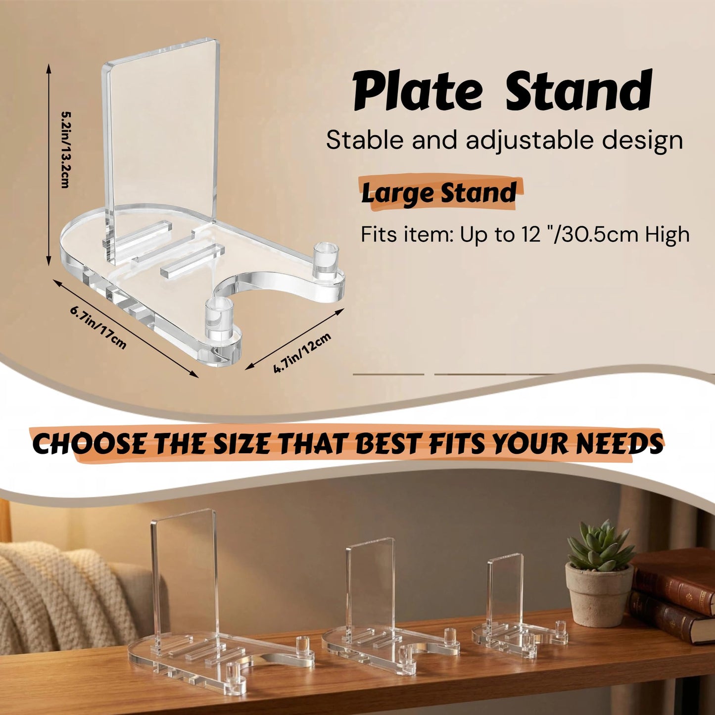 milldou Acrylic Easel Display，Plate Stand for Display，Adjustable Clear Display Holder for 7" to 12" Platter, Book, Card, Frame, Picture, Artwork, Plaque ( Large-1pc 7"-12")