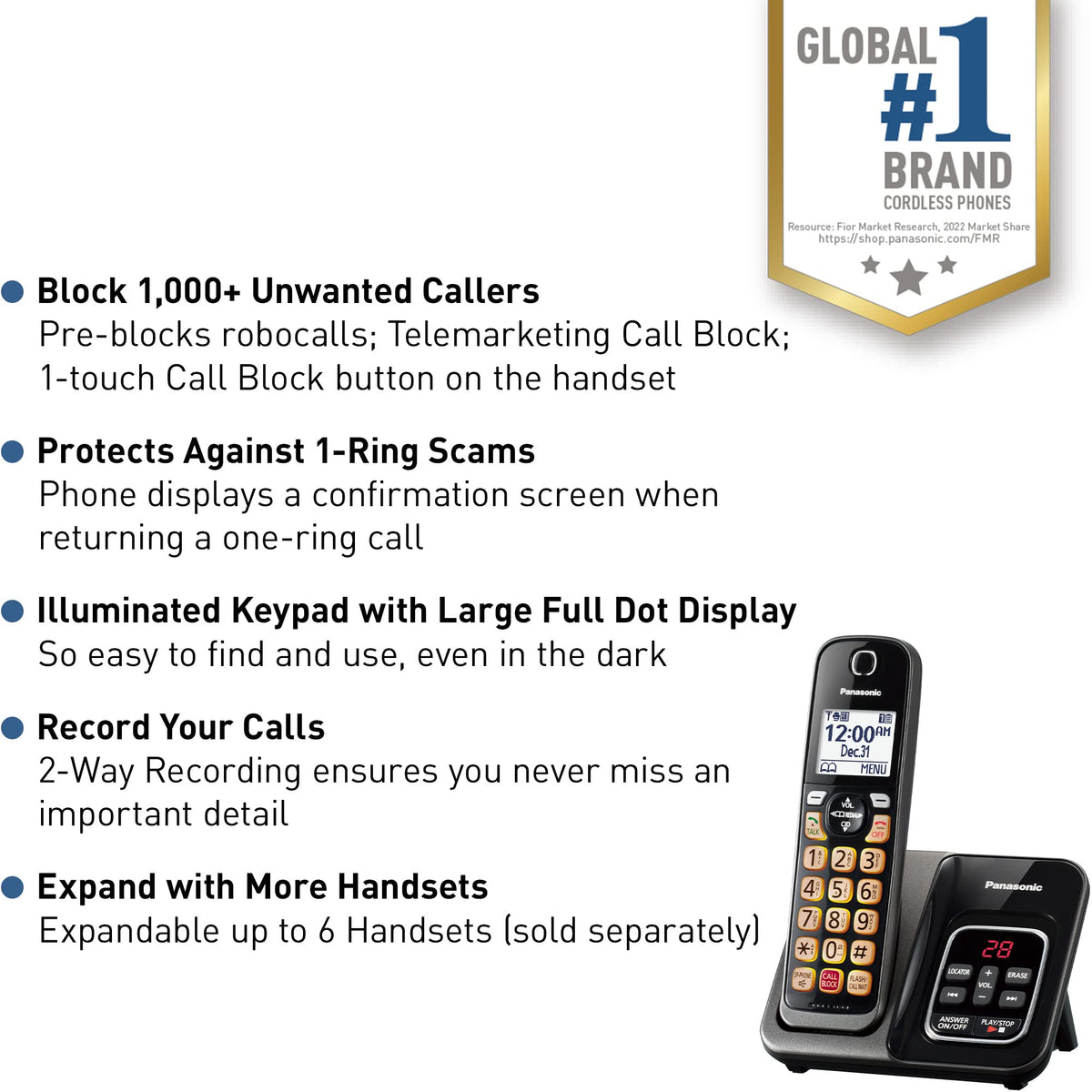 Panasonic Cordless Phone with Answering Machine, Advanced Call Block, Bilingual Caller ID and High-Contrast Display, Expandable System with 1 Handset Cordless Telephone - KX-TGD830M (Metallic Black)
