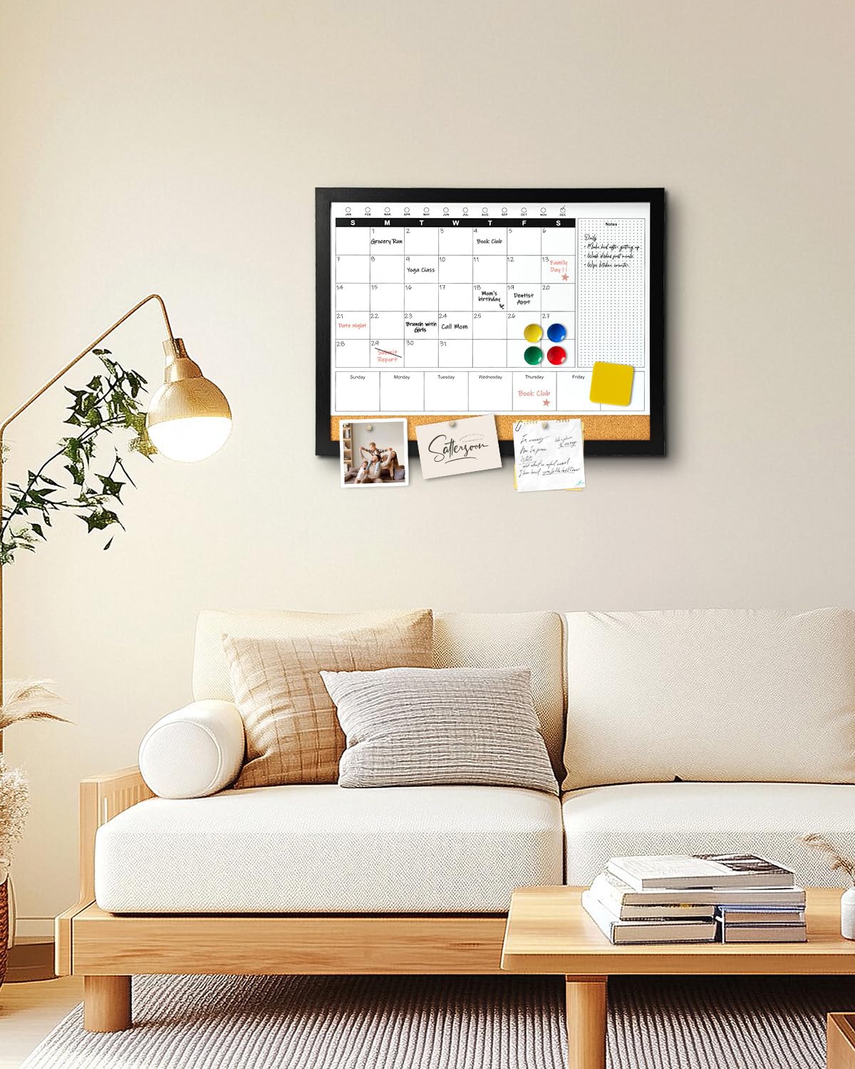 Dry Erase Calendar Whiteboard for Wall, 4-in-1 Magnetic Monthly Whiteboard with Wooden Framed, 17" x 13", Reusable Monthly Combination Planner Board for Home, Office, Classroom