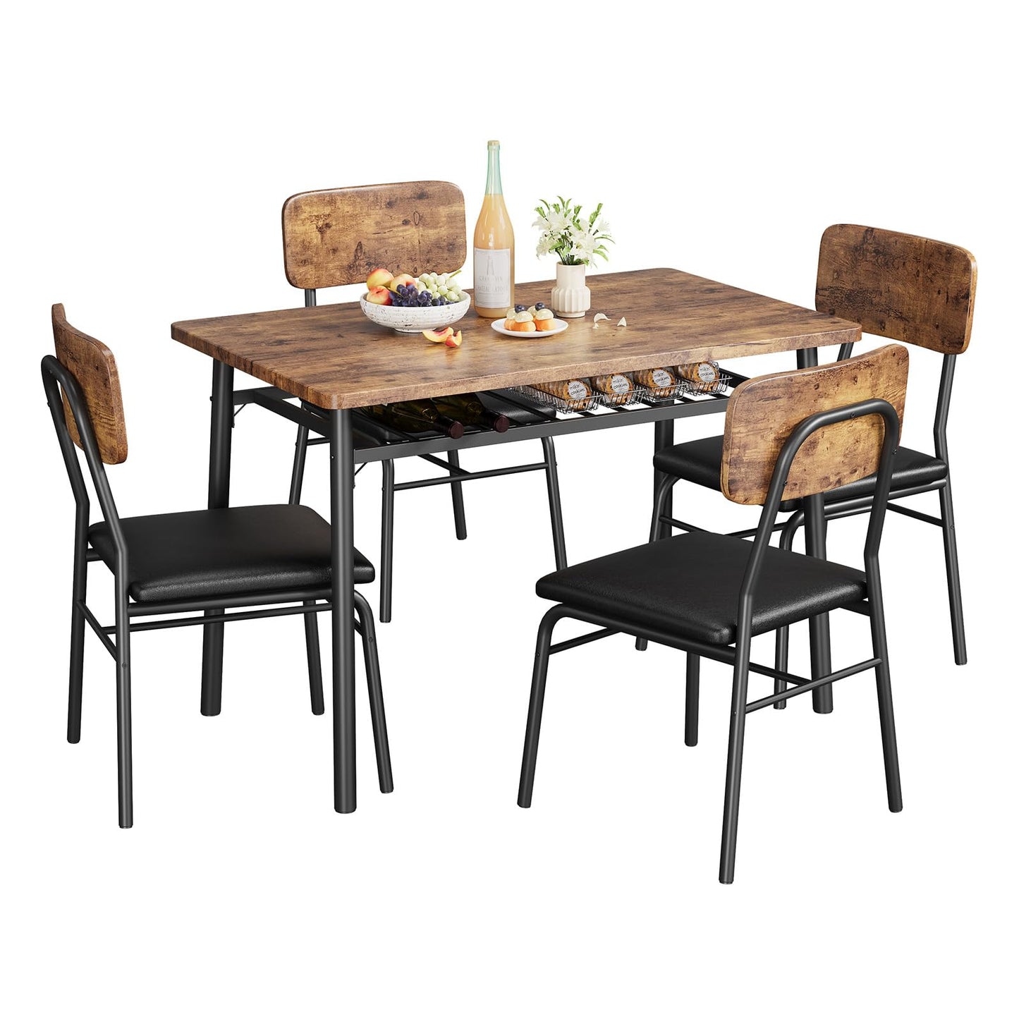 IDEALHOUSE Dining Table Set for 4 with Storage Rack, 5-Piece Kitchen Table and Upholstered Chairs of 4, Wood Tabletop & Heavy-Duty Metel Frame, Dining Room Set for Small Space, Apartment, Brown