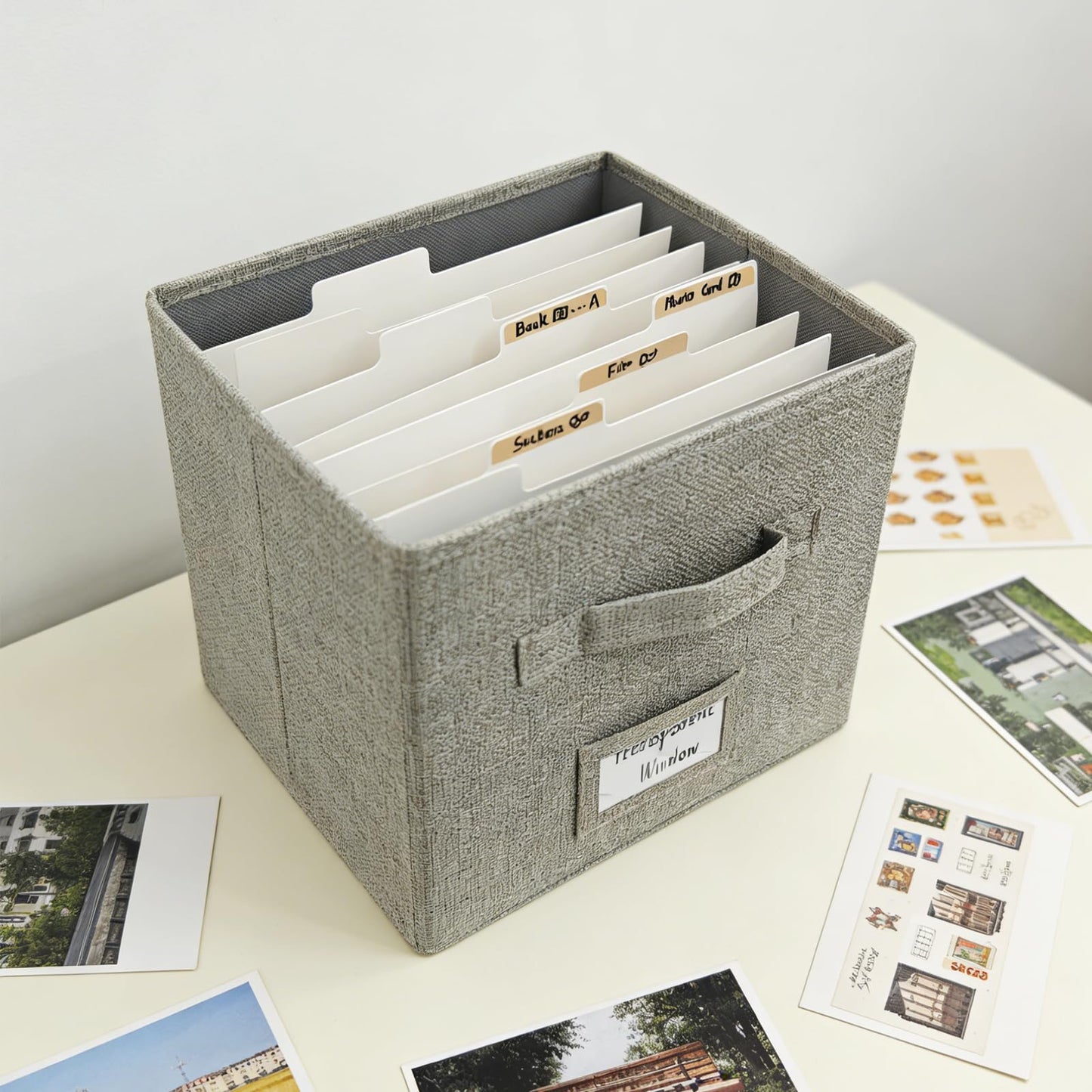 Craftask Gray Greeting Card Organizer Box with Dividers and Adhesive Labels, Greeting Card Storage Box for Photos, Envelopes and Postcards