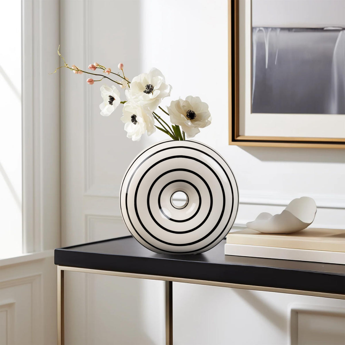 Konstéra Ceramic Large Donut Vase Hand-Painted Glossy Finish, Unique Modern Home Accent, Flower Holder, Stylish Decor for Living Room, Coffee Table, Mid-Century Modern