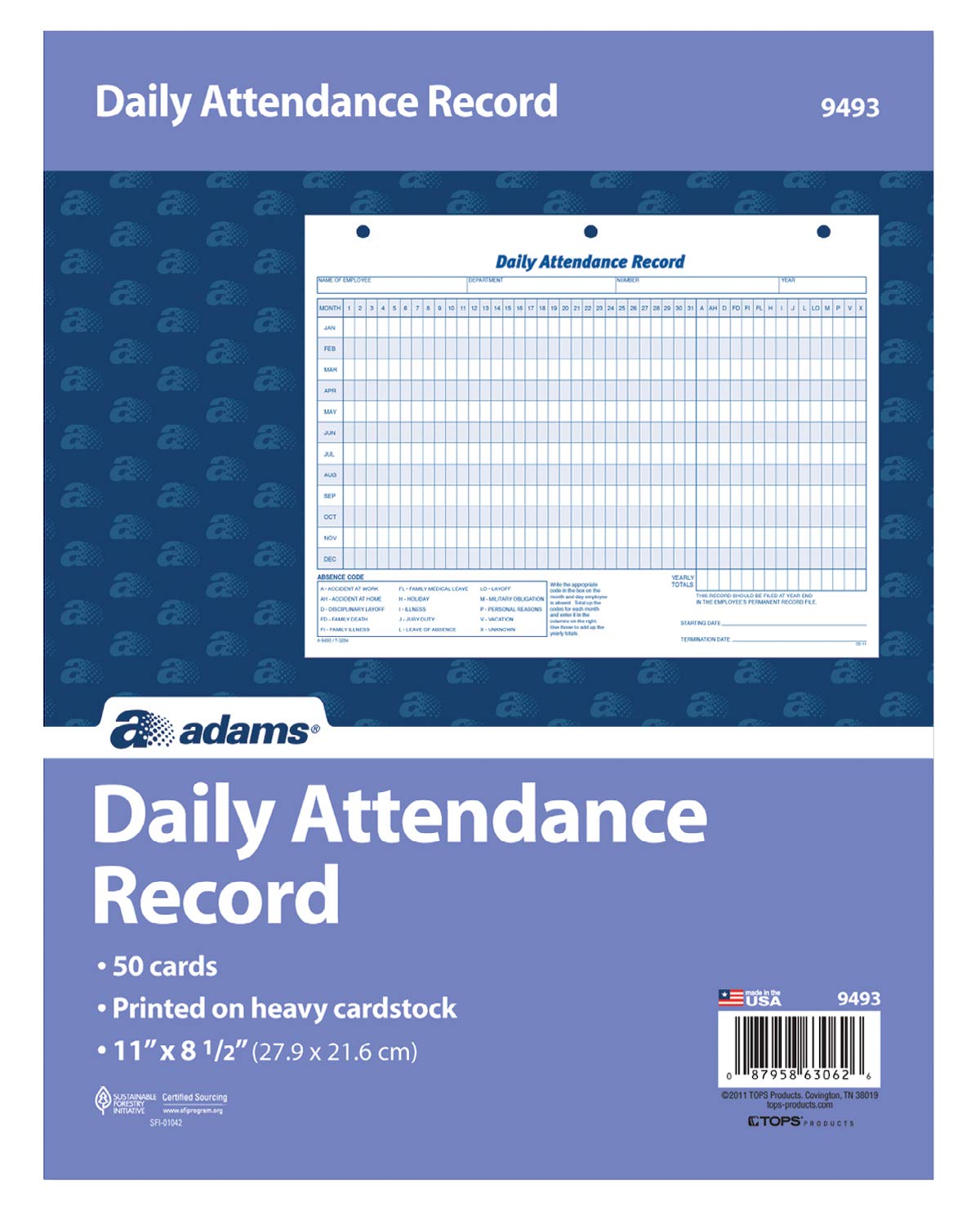 Adams Daily Attendance Record, 8.5 x 11 Inches, 3-Hole Punched, 50-Pack, White (9493)
