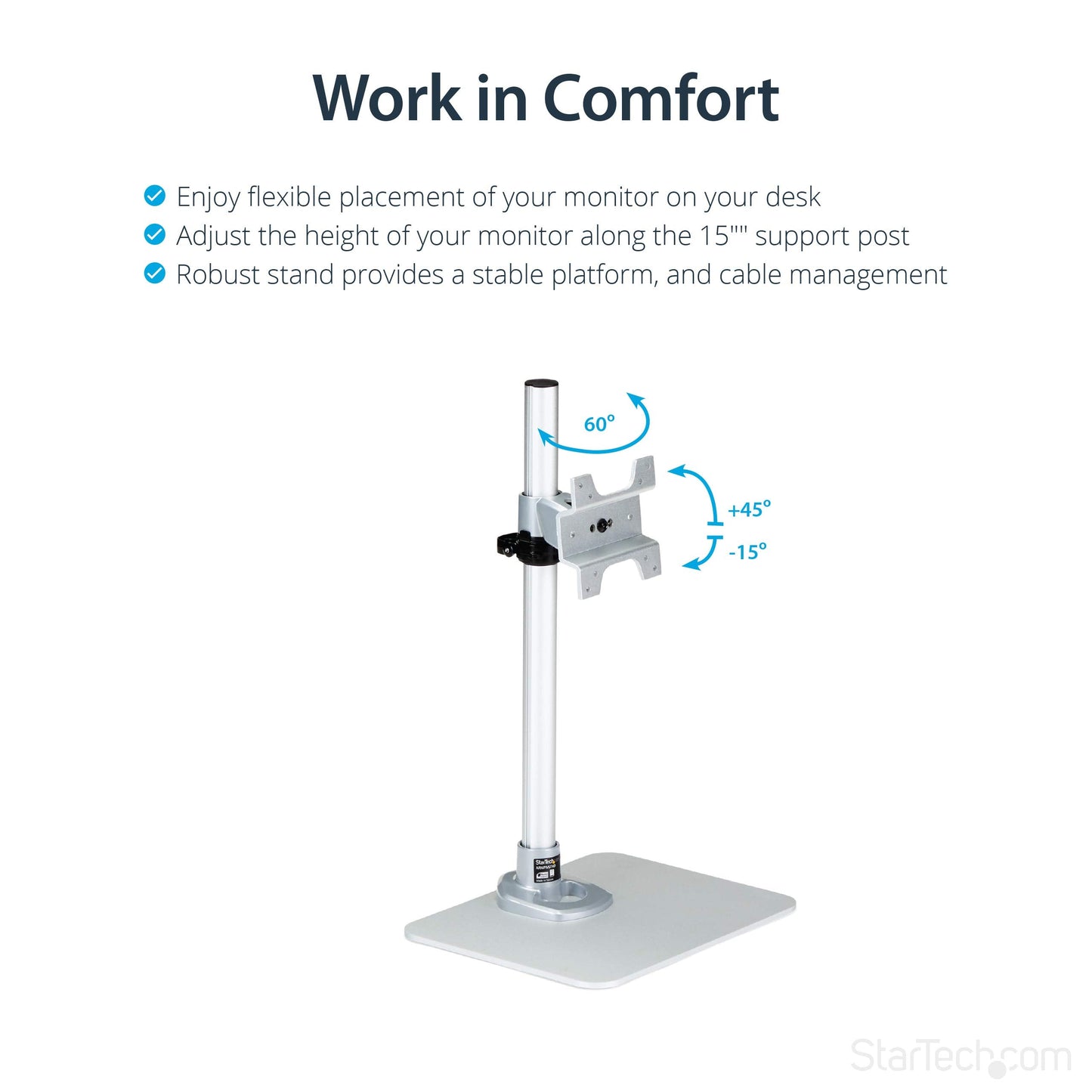 StarTech.com Single Monitor Stand, Adjustable, Supports UHD, iMac and Apple Thunderbolt Displays from 12'' to 34" (30.9lb/14kg), Premium Single Screen VESA Monitor Mount Stand, Silver, TAA