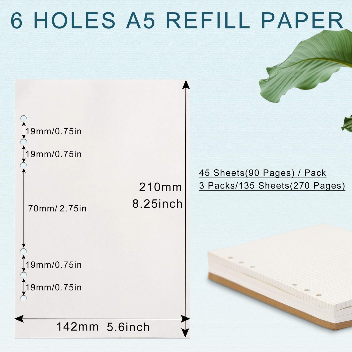 Toplive A5 Refill Paper, [3 Pack] 100GSM Thick 6 Hole Filler Inserts - 135 Sheets (270 Pages) for 6 Ring Binder Journal Notebook, Blank