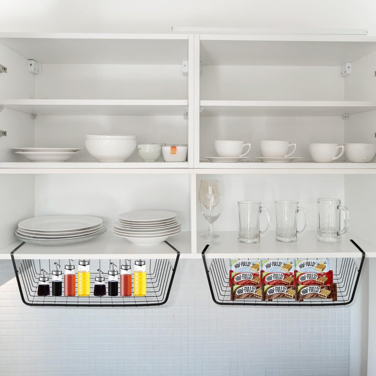 6 Pcs Undershelf Storage Basket Under Shelf Wire Basket Household Metal Under Shelf Hanging Storage Bin Basket Slides Under Shelves for Kitchen Pantry Bookshelf - 14.2" D x 9.1" W x 5.5" H, Black