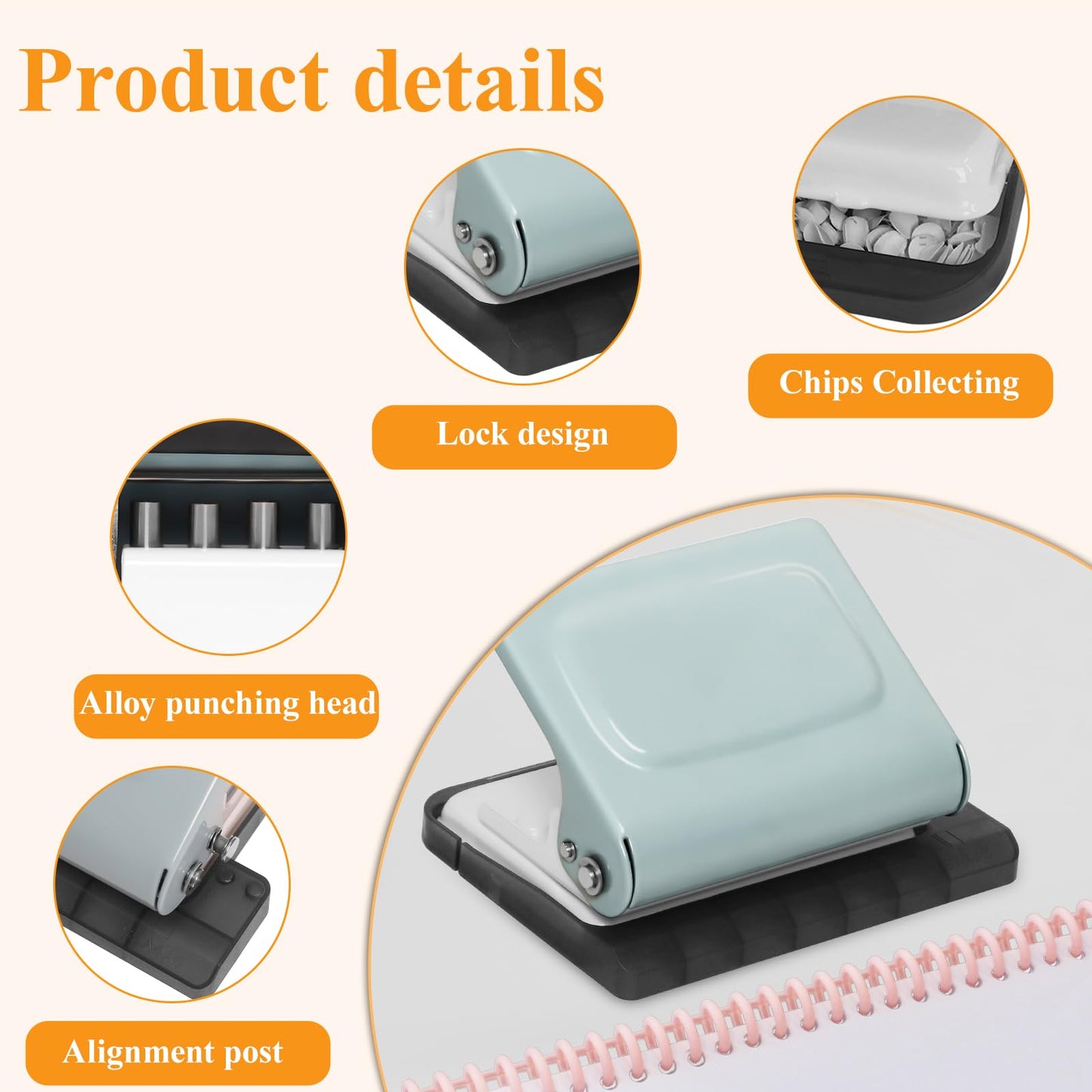 Hoqqf 10 Hole Punch Binding Machine for Planners with 10 Multi-Color Binder Rings, 30 Holes on A4, 20 Holes on A5, 26 Holes on B5, 10 Sheet Capacity (Pale Blue)