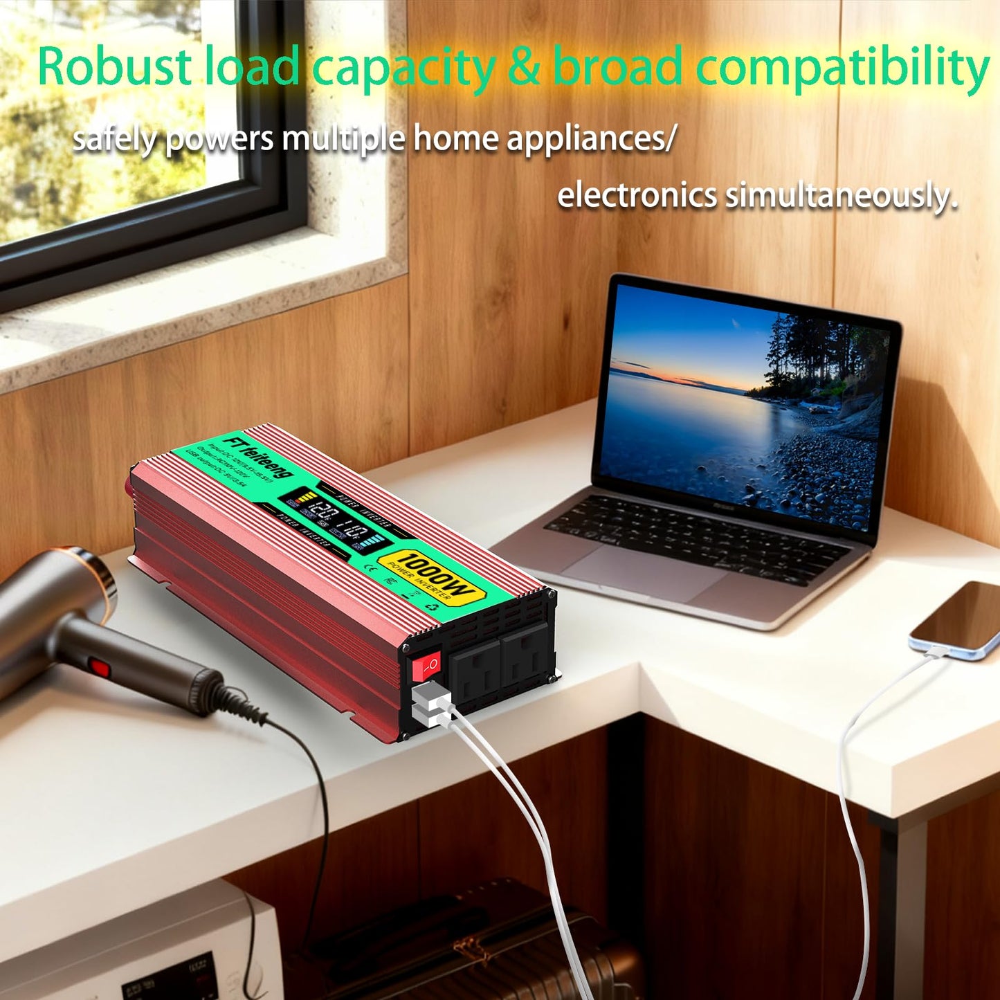 1000 Watt Power Inverter, Car Inverter 12V to 120V with 2 AC Outlets, 2 USB Ports, Cooling Fan, Cables and LED Screen for Vehicles, Home Use and Outdoor Camping