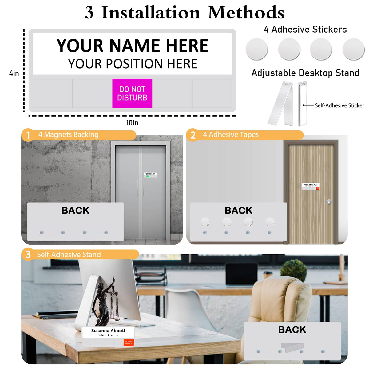 Office Status Sign With 5 Options, Do Not Disturb/Please Knock/In A Meeting/Out of Office/Working Remotely, Magnetic Slider Sign for Any Room,Name Plate For Desk/Doors/Cubicle Wall With Stand-Silver