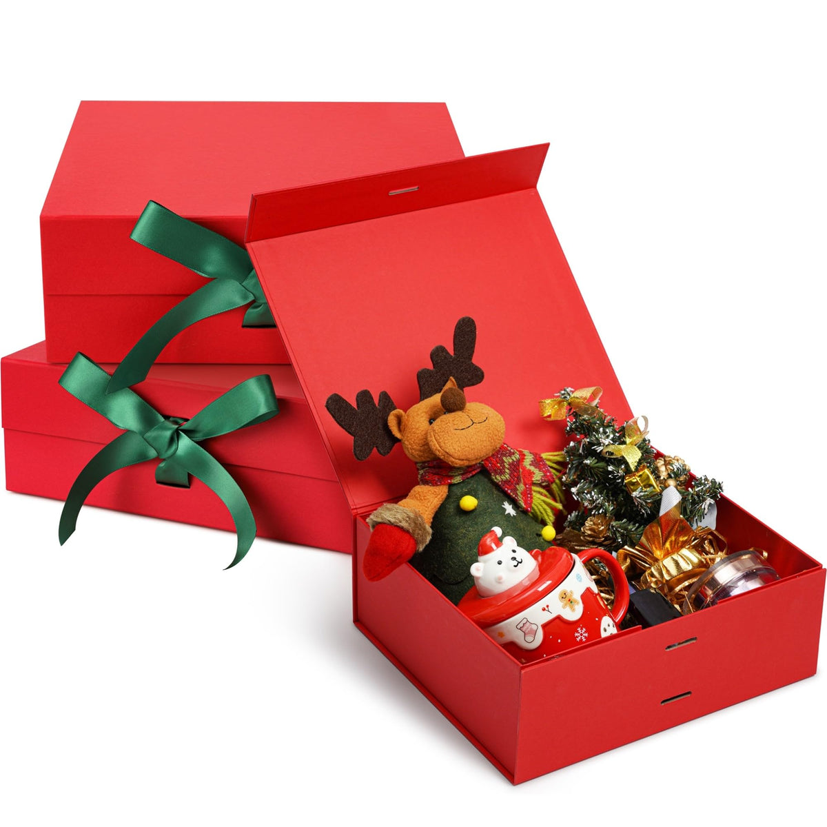 SWANGSA Red Christmas Gift Boxes with Lid for presents 10.2x8.8x3.8 Inches, Large Gift Box with Ribbon and Magnetic Closure, Collapsible Gift Box for Christmas, Wedding, Valentine's day, Birthday Gift