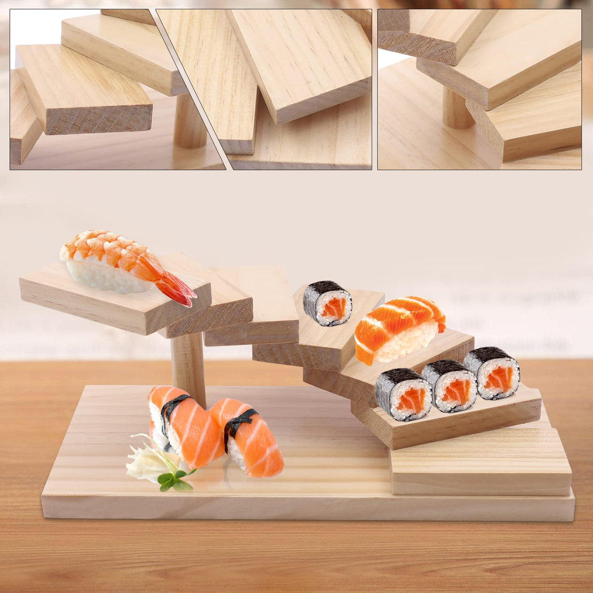 SHATUOA Wood Sushi Plate, Wooden 7-Step Staircase Sushi Rack,Multi-Tier Sushi Serving Display Tray for Snacks Food Sashimi Cuisine