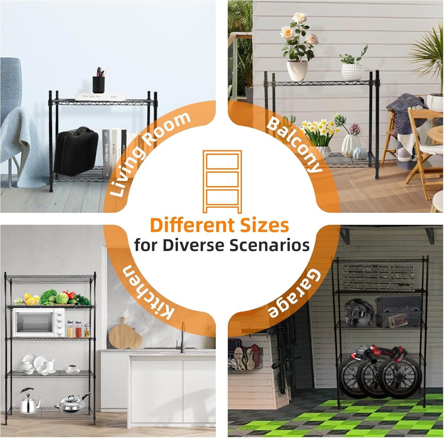 Elevon 5-Tier Storage Shelves, Adjustable Metal Wire Shelving Unit with Leveling Feet Heavy Duty Pantry Shelves Organizer Rack for Kitchen Garage Laundry Office Warehouse, 35"L x13.4"W x64.3"H, Black