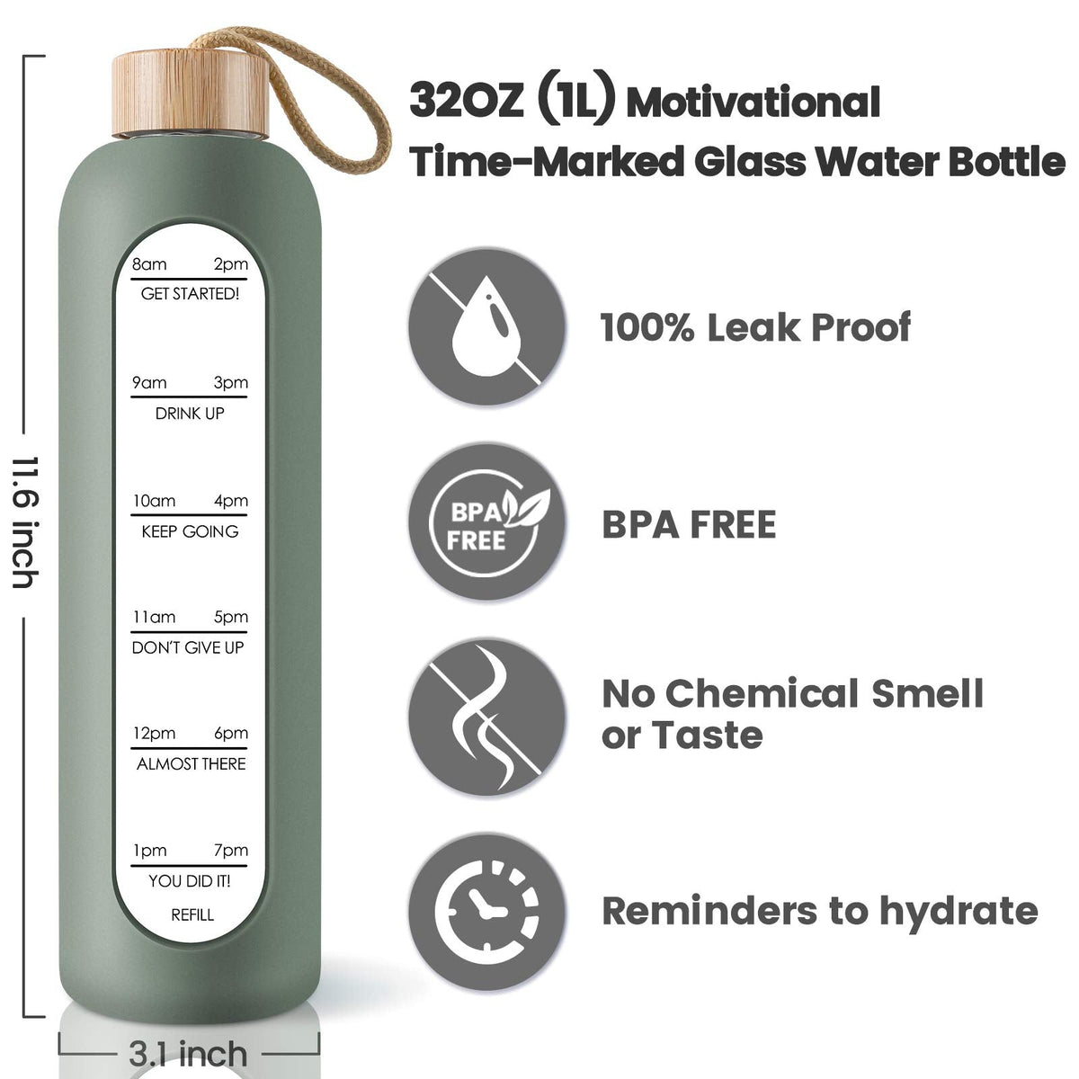 PROBTTL 32 Oz Borosilicate Glass Water Bottle with Time Marker Reminder Quotes, 1 Liter Leak Proof Reusable BPA Free Motivational Water Bottles with Silicone Sleeve and Bamboo Lid (Olive)