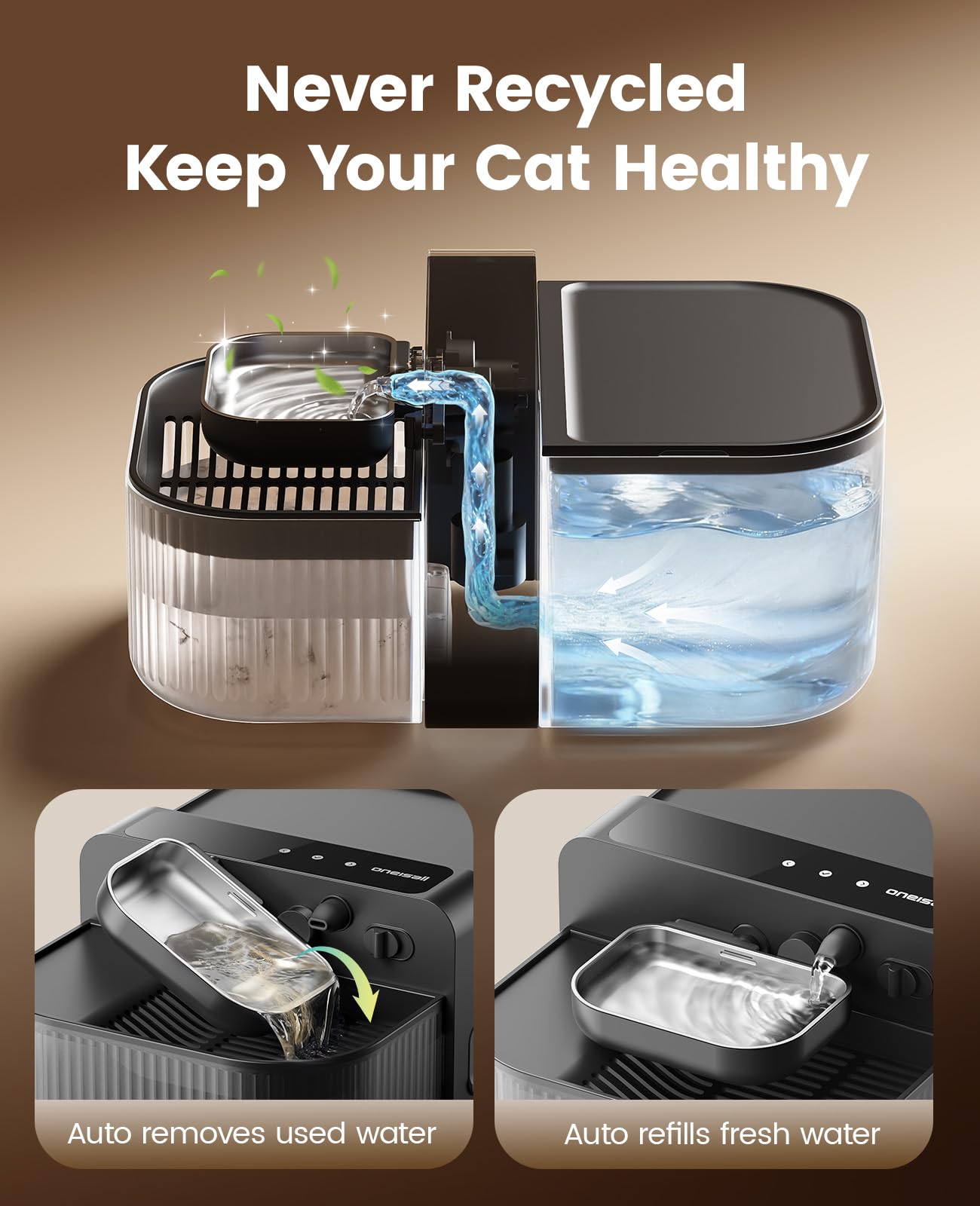 oneisall Wireless Filterless Cat Water Fountain, Separate Clean and Dirty Water Pet Fountain with Stainless Steel Bowl, 3.5L/118oz Quiet No Filter Smart FreshFill Automatic Cat Water Dispenser, Black