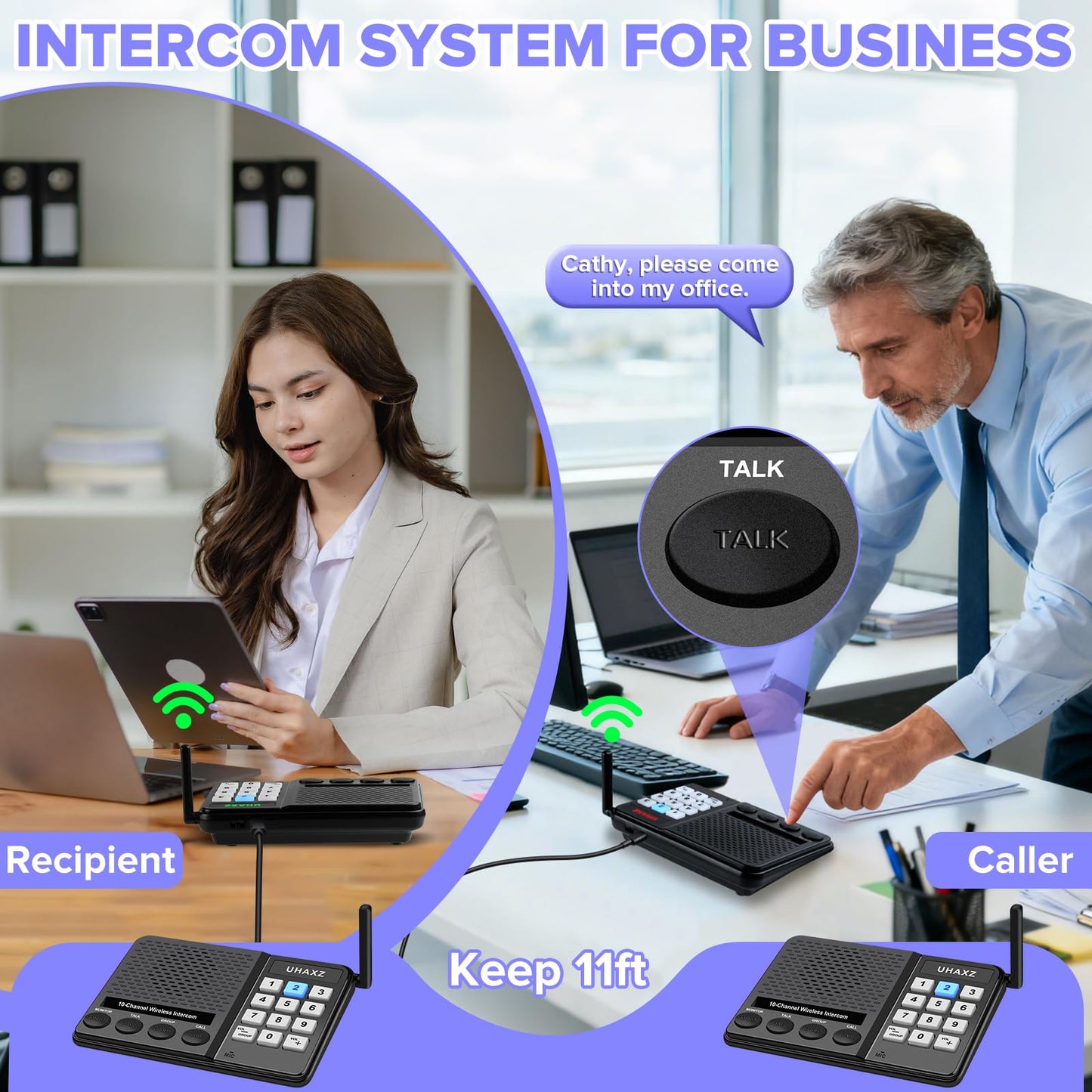 UHAXZ Intercoms Wireless for Home, Long Range Intercom 6000ft, Home Intercom System Wireless with Group Call, 10 Channel, 8 Volume Levels Intercom System for Busines Office Elderly(4 Packs)