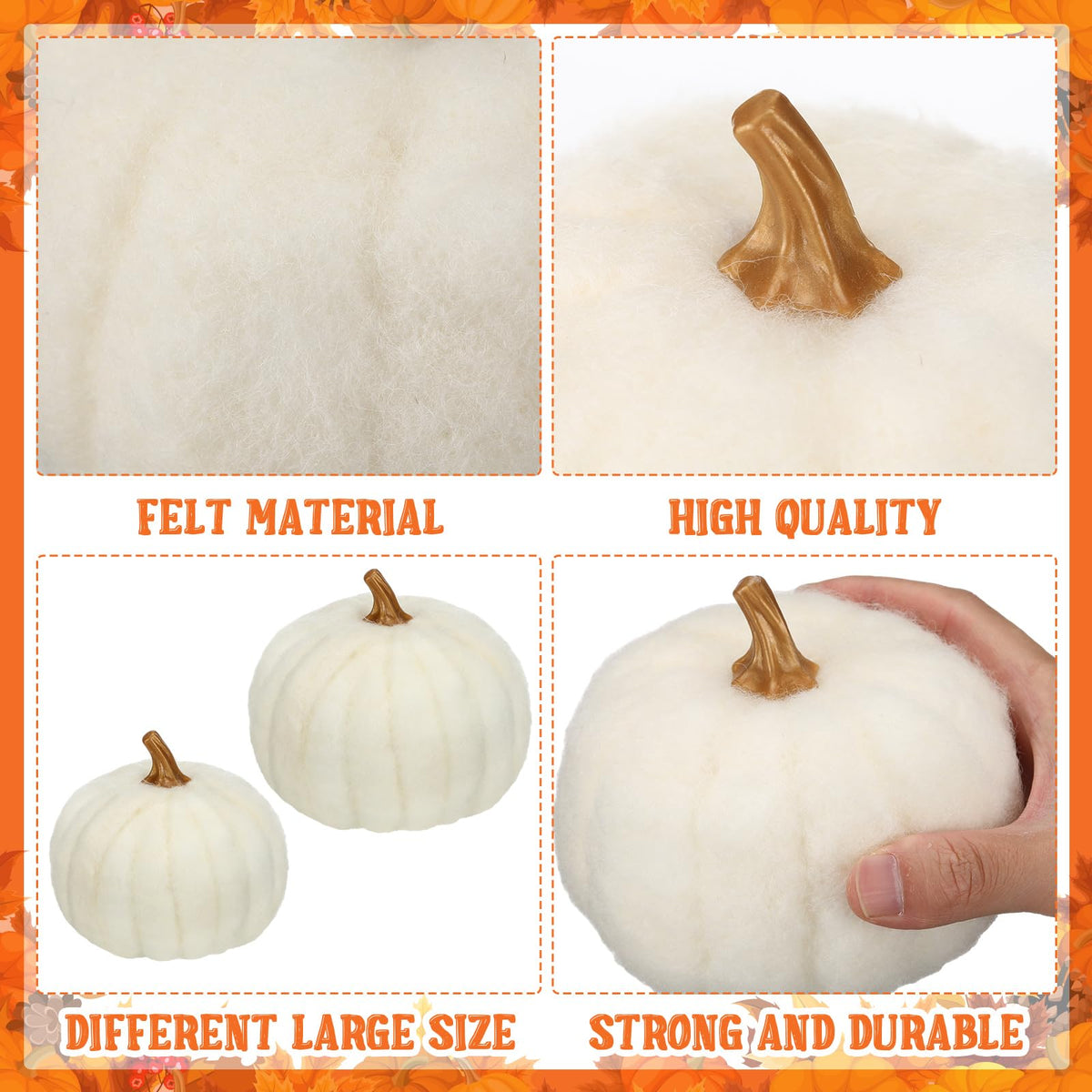 Preboun 4 Pieces Large Wool Fall White Pumpkin Thanksgiving Decor Artificial Fabric Pumpkin Harvest Felt Fake Pumpkins for Decorating for Fall, Thanksgiving, Halloween, Wedding Parties Decoration