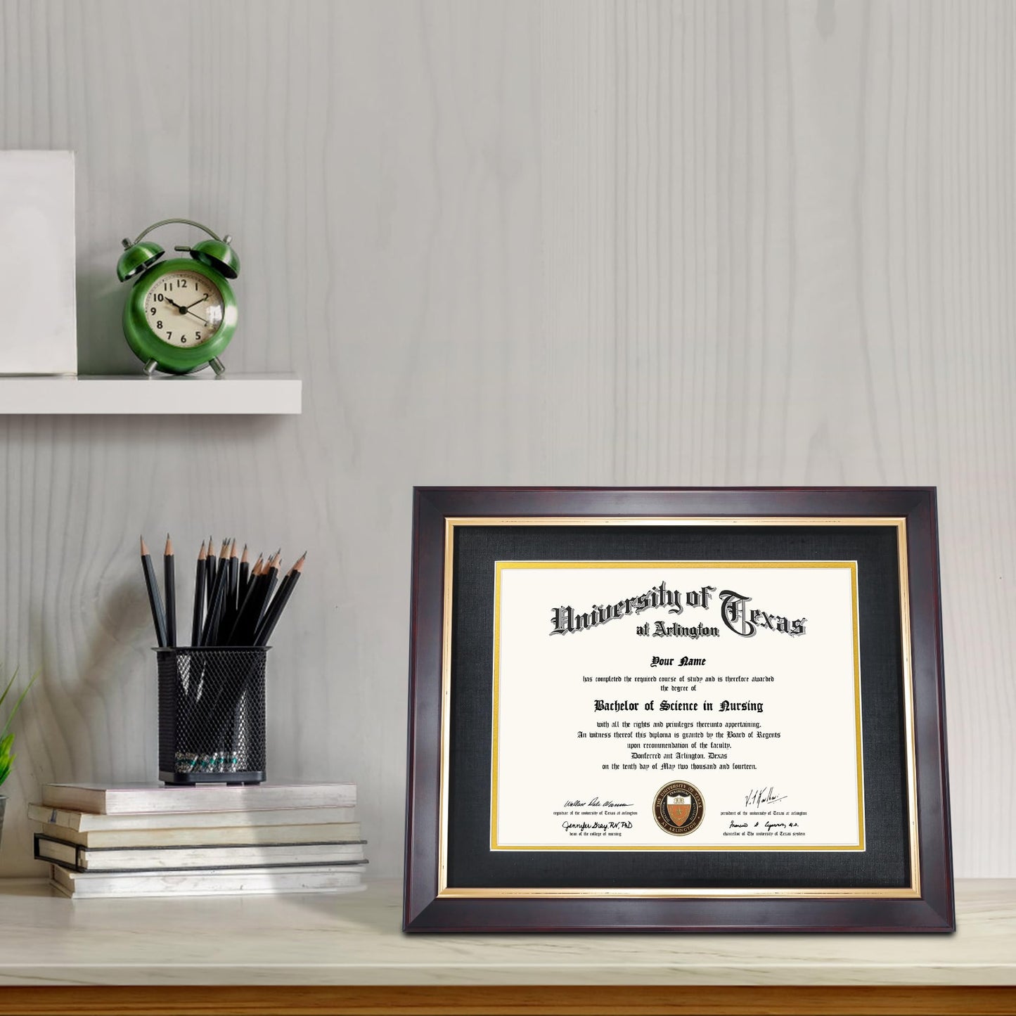 GMFrames 8.5x11 Wood Diploma Frame with Black Mat or Display 11x14 Certificates without Mat,Tempered Glass,Deep Brown Finish with Gold Trim