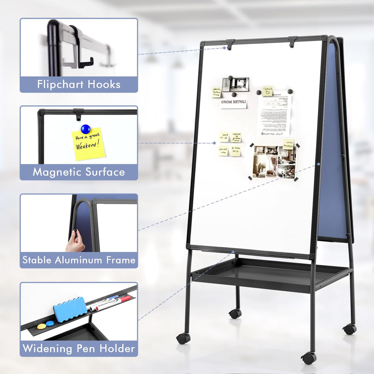 MAKELLO Rolling Whiteboard on Wheels 36x24 in, Double Sided Mobile White Board with Storage Tray for Office School Home, Magnetic Classroom Easel for Teacher, Height Adjustable, Aluminum Frame, 3'x2'