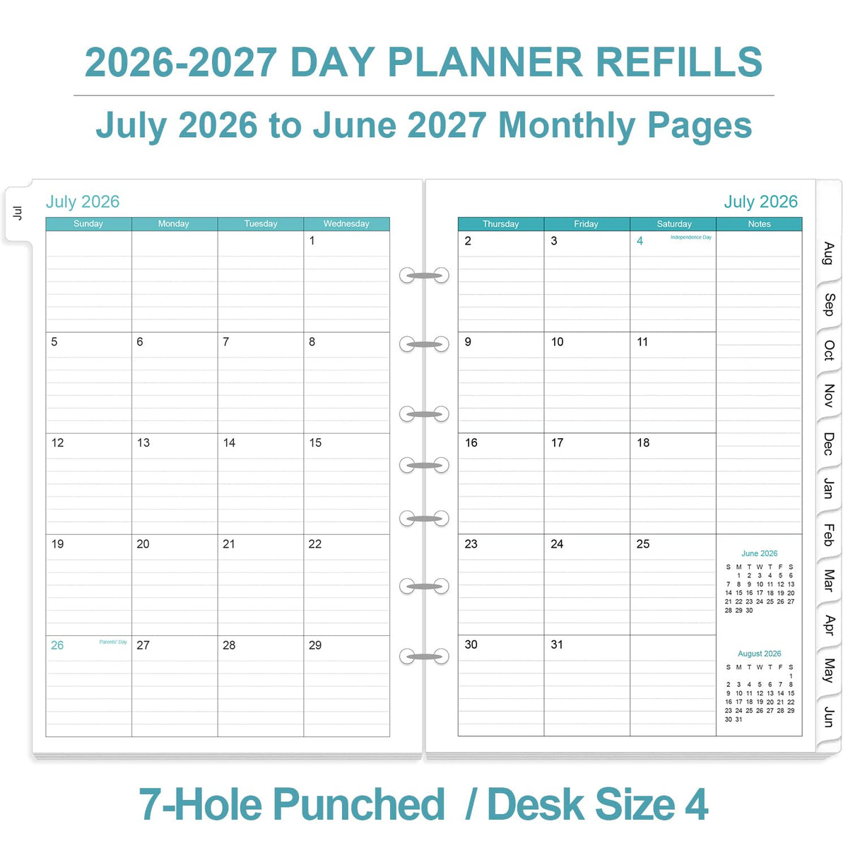 2026-2027 Planner Refills - One Page Per Day Daily ＆ Monthly Planner, July 2026-June 2027, 7-Hole Punched，Prioritized, To-Do List, Notes, Appointment Schedule, Desk Size 4, 5.8" x 8.3"