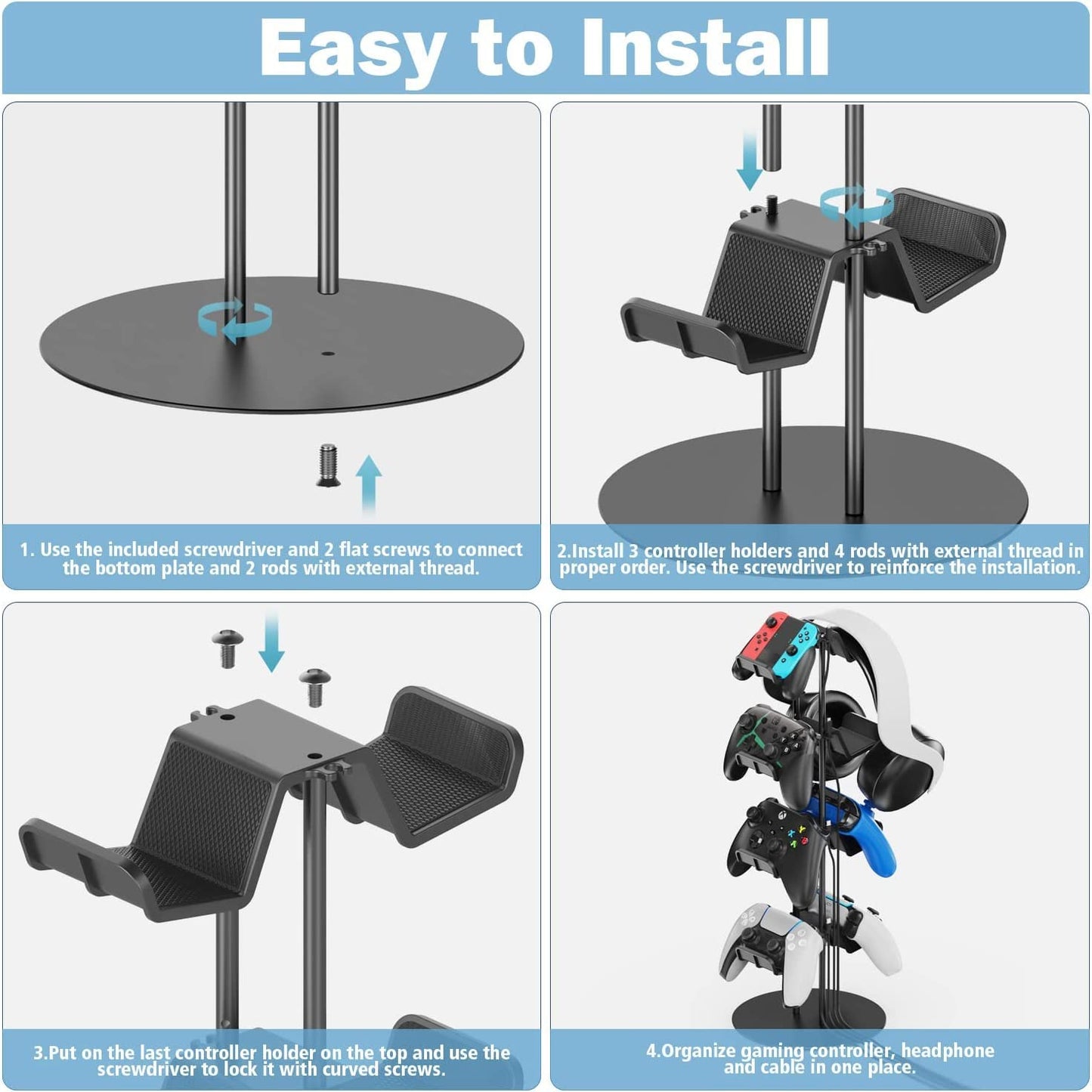 Kytok Controller Stand 4 Tiers with Cable Organizer for Desk, Universal Headphone Stand Compatible with Xbox PS5 PS4 Console Nintendo Switch, Headset Holder & Desk Mounts for 8 Packs Controller