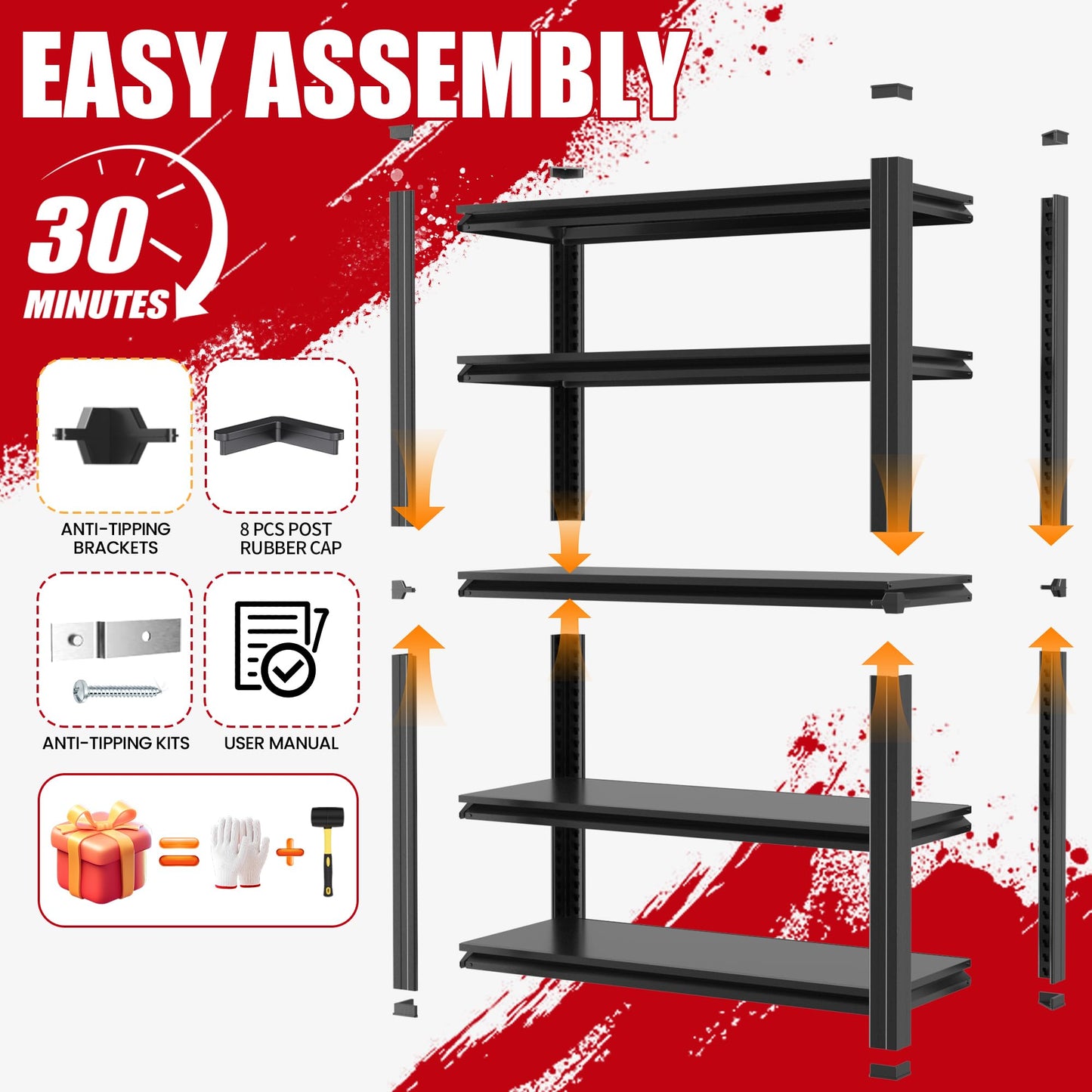 FOSTOKO Storage Shelves, 5-Tier Garage Shelving, Adjustable Heavy Duty Shelving Units, Metal Industrial Utility Organizer Storage Racks for Basement, Kitchen, Warehouse, Pantry,16" D×36" W×72" H