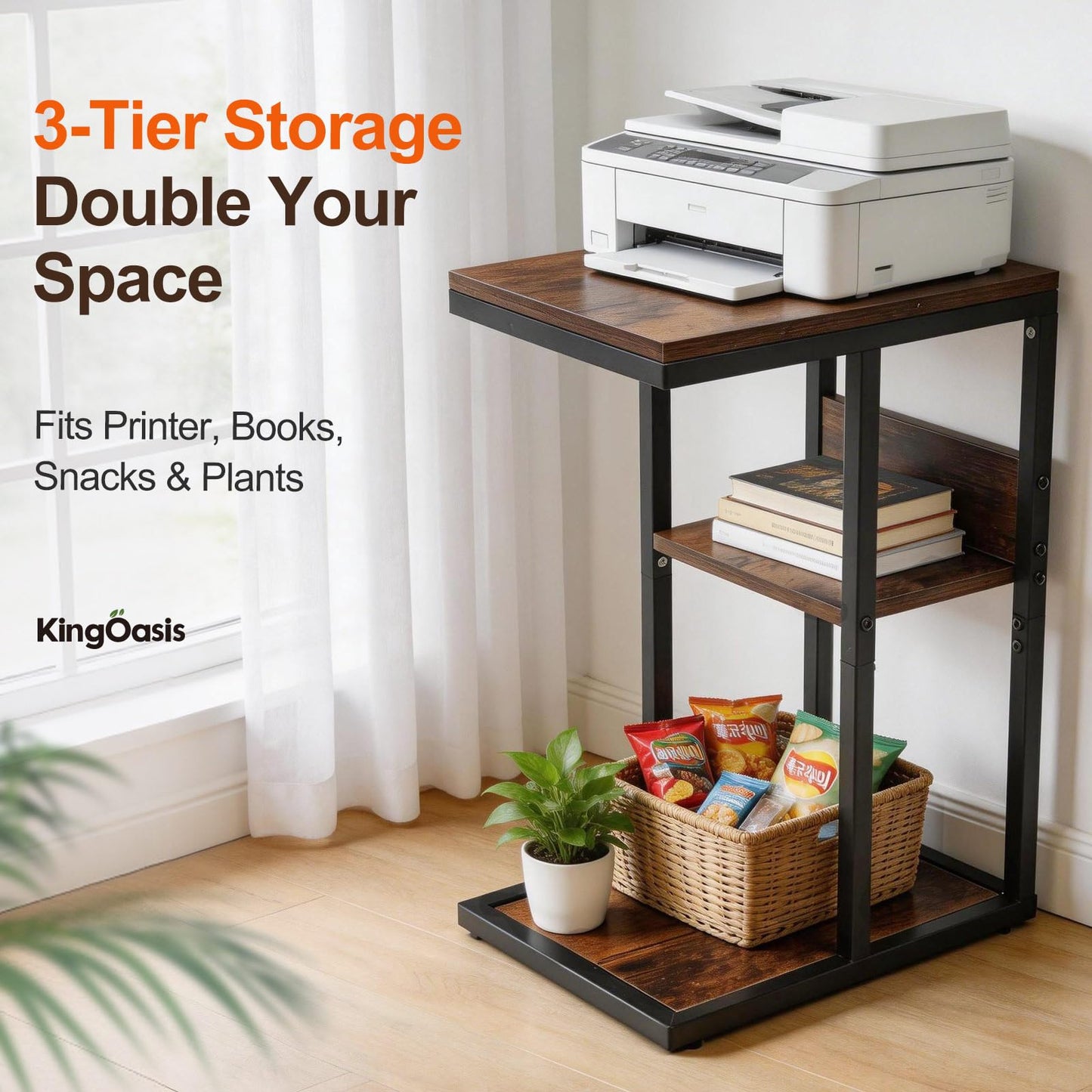 King Oasis 3-Tier Brown Metal Side Table - Industrial End Table & Nightstand with Adjustable Feet, 80LB Sturdy Small Bedside Table Storage Shelf for Living Room, Bedroom, and Small Spaces
