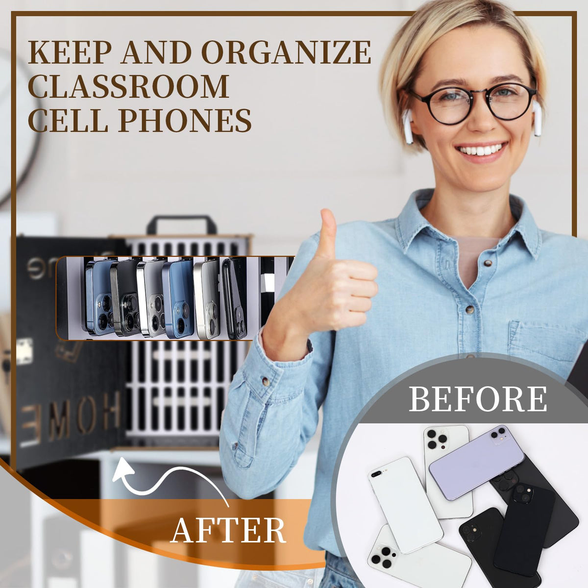 RattanView Mobile Holder Classroom 36 Slots Wooden Cell Phone Storage Cabinet Pocket Chart Phone Jail Cell Phone with Handle and Security Lock for Classroom Office and Office Meeting (Black Color)