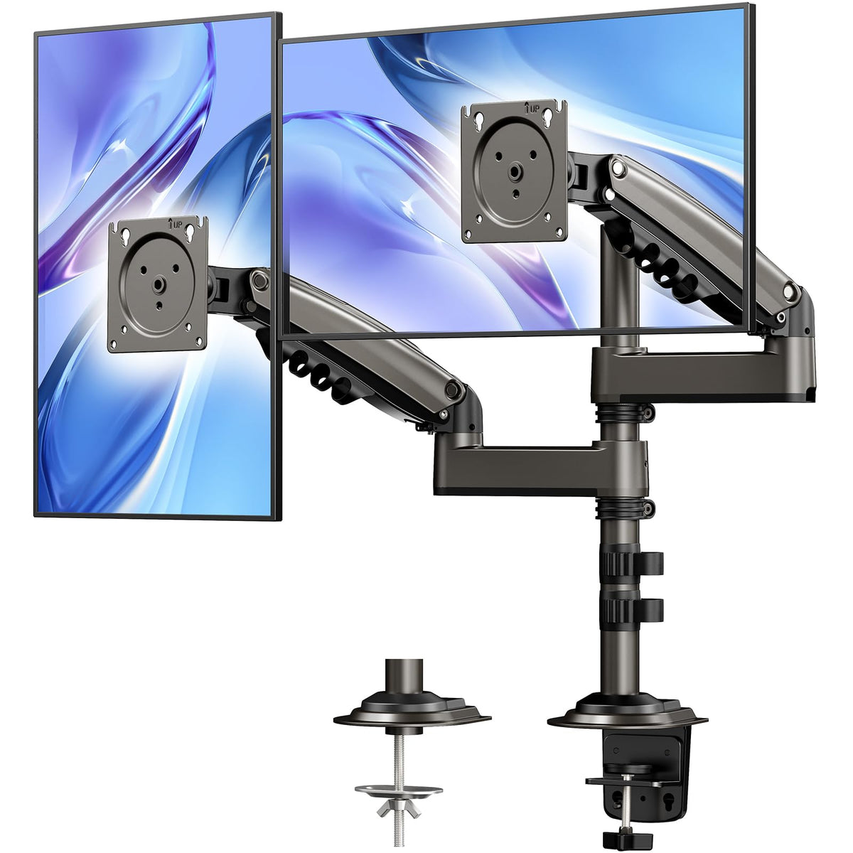 HUANUO 17-32 Inch Dual Monitor Stand, Vertical Dual Monitor Mount, Monitor Stand 2 Monitors, Ergonomic Adjustable Tilt/Swivel/Rotate, Weight Max 19.8 lbs, VESA 75/100mm
